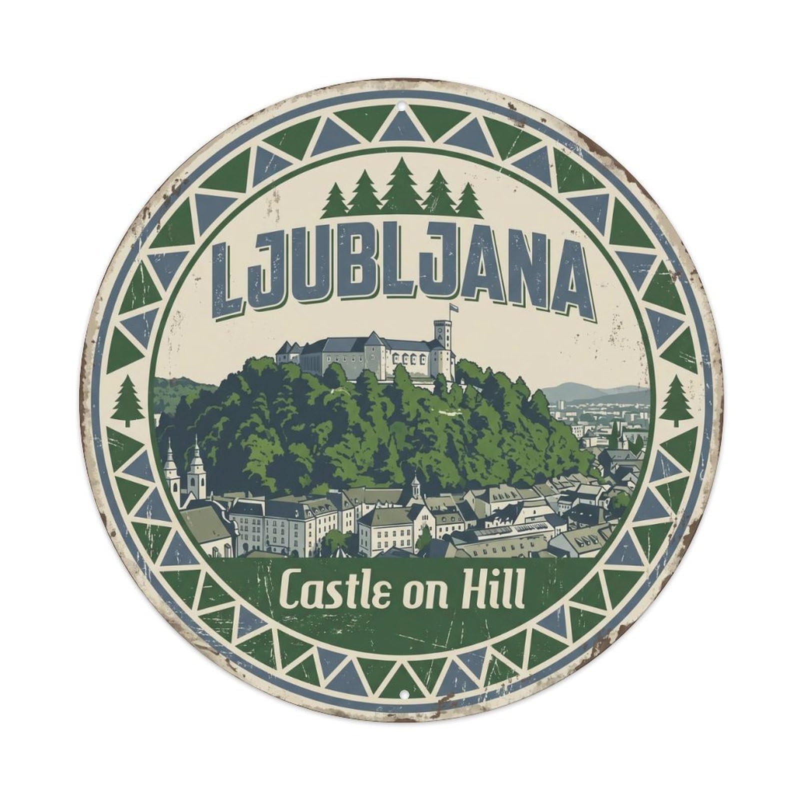 Vintage Travel Ljubljana Slovenia Castle Metal Tin Sign Plaque Wall Decor for Cafe, Club, Garden Round Metal Poster 8x8Inch
