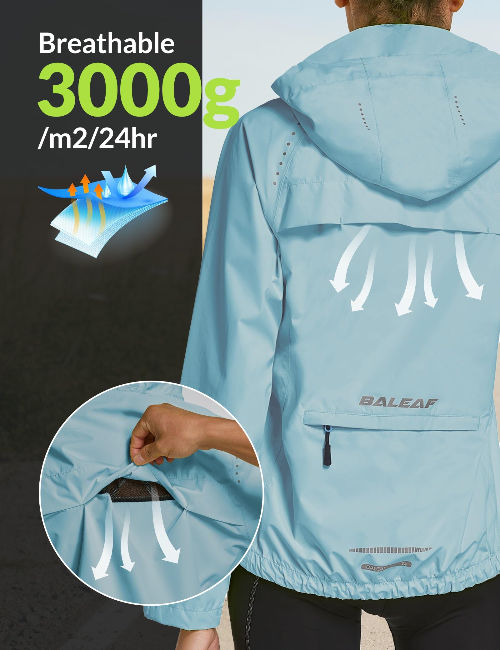 BALEAF Wodoodporne kurtki damskie kurtka rowerowa damska lekka kurtka przeciwdeszczowa outdoorowa pakowalna odblaskowe kurtki do biegania wiatroszczelne płaszcze trekkingowe, 7 jasnoniebieskich, M