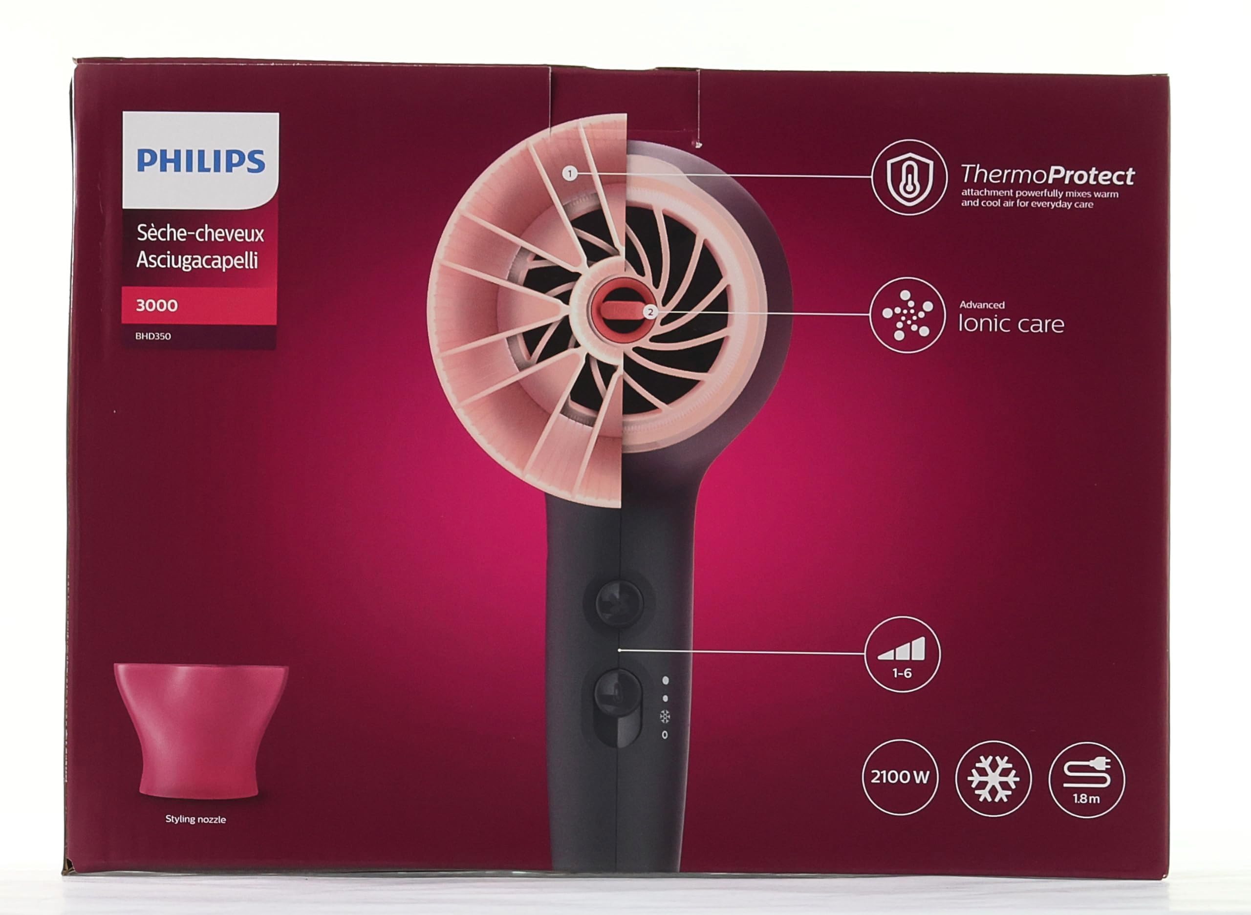 Seche Cheveux PHILIPS BHD350/10 Séries 3000 - 2100W - 6 combinaisons vitesse/T - Fonction ionique - ThermoProtect