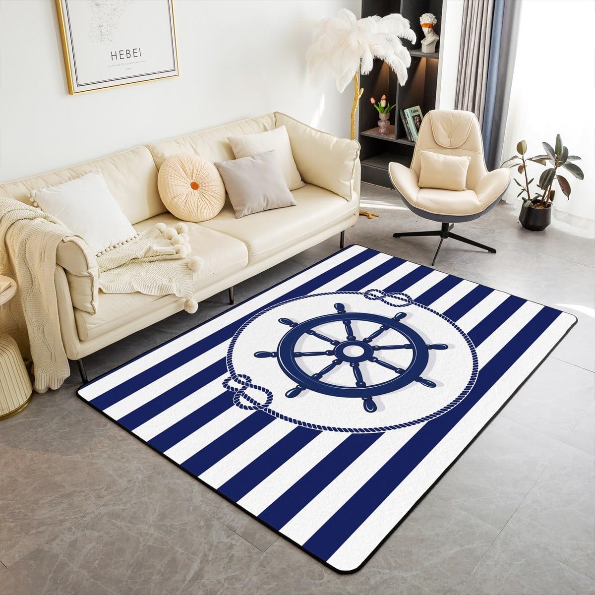 Erosebridal Ships Wheel Area Rug 5X7,Steering Wheel Pattern Carpet,Bule and White Striped Indoor Floor Mat,Cute Navigation Equipment Non Slip Machine Wash Dry Decorative Accent Rug for Playroom