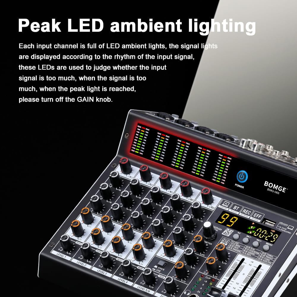 BOMGE Mixer audio professionale a 6 canali console di mixaggio con 99 effetti DSP, +48 V Phantom, Bluetooth, interfaccia USB.2 processore AUX.FX per registrazione in studio e spettacoli dal vivo