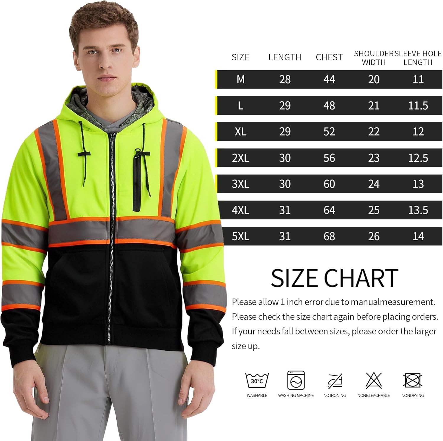 High Visibility Hoodie for Men Class 3 Hi Vis Safety Hoodies Reflective Construction Sweatshirt with Pockets - Image 6