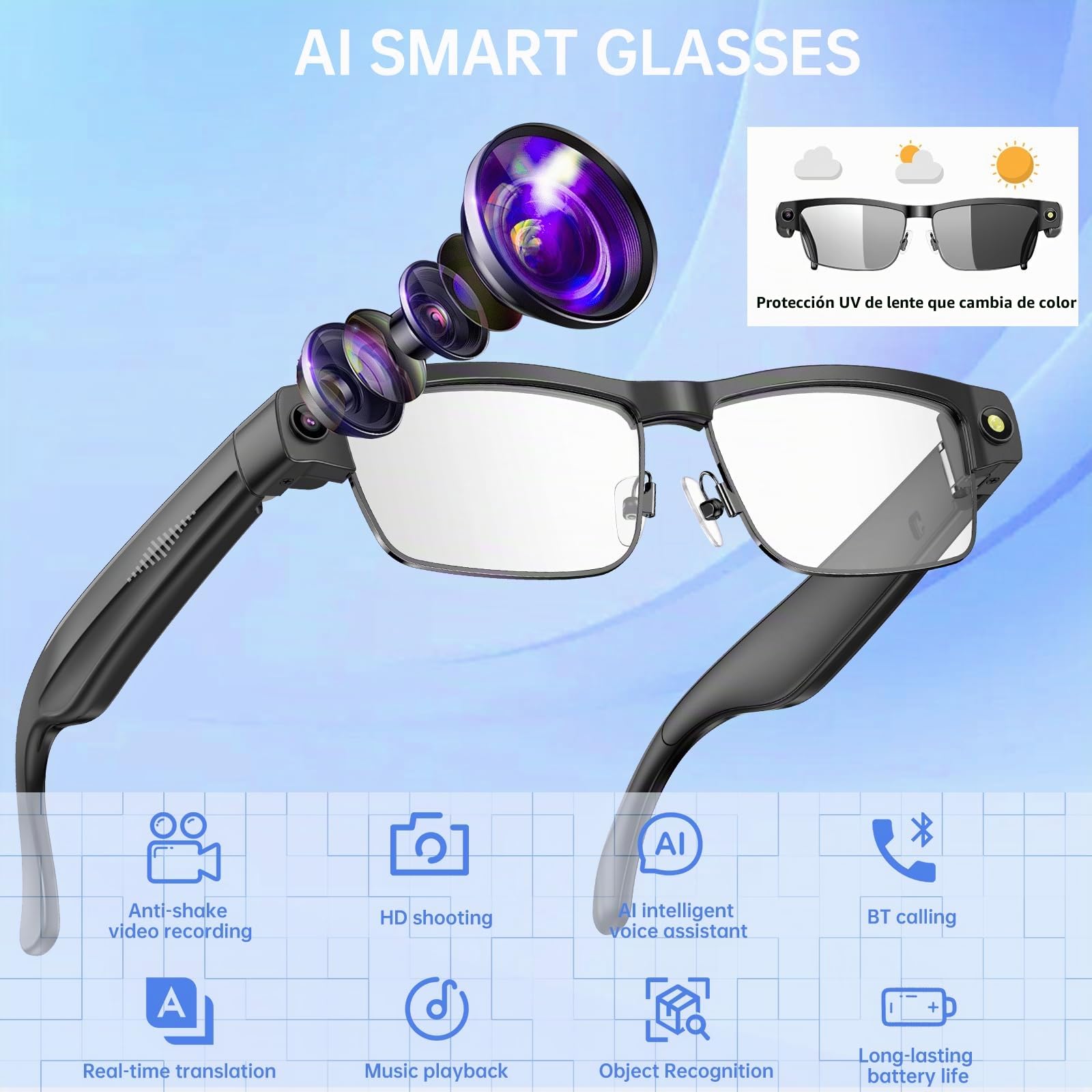 Gafas inteligentes Bluetooth con cámara HD, grabación 1080P, audio de oído abierto, micrófono ANC, música, llamadas y asistencia de voz con traducción, gafas de sol con protección UV para hombre mujer