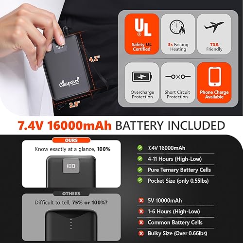 Miniatura 3 de Chaleco térmico para hombre con batería incluida, chaleco de calefacción eléctrico recargable de 7.4 V, temperatura inteligente. Control