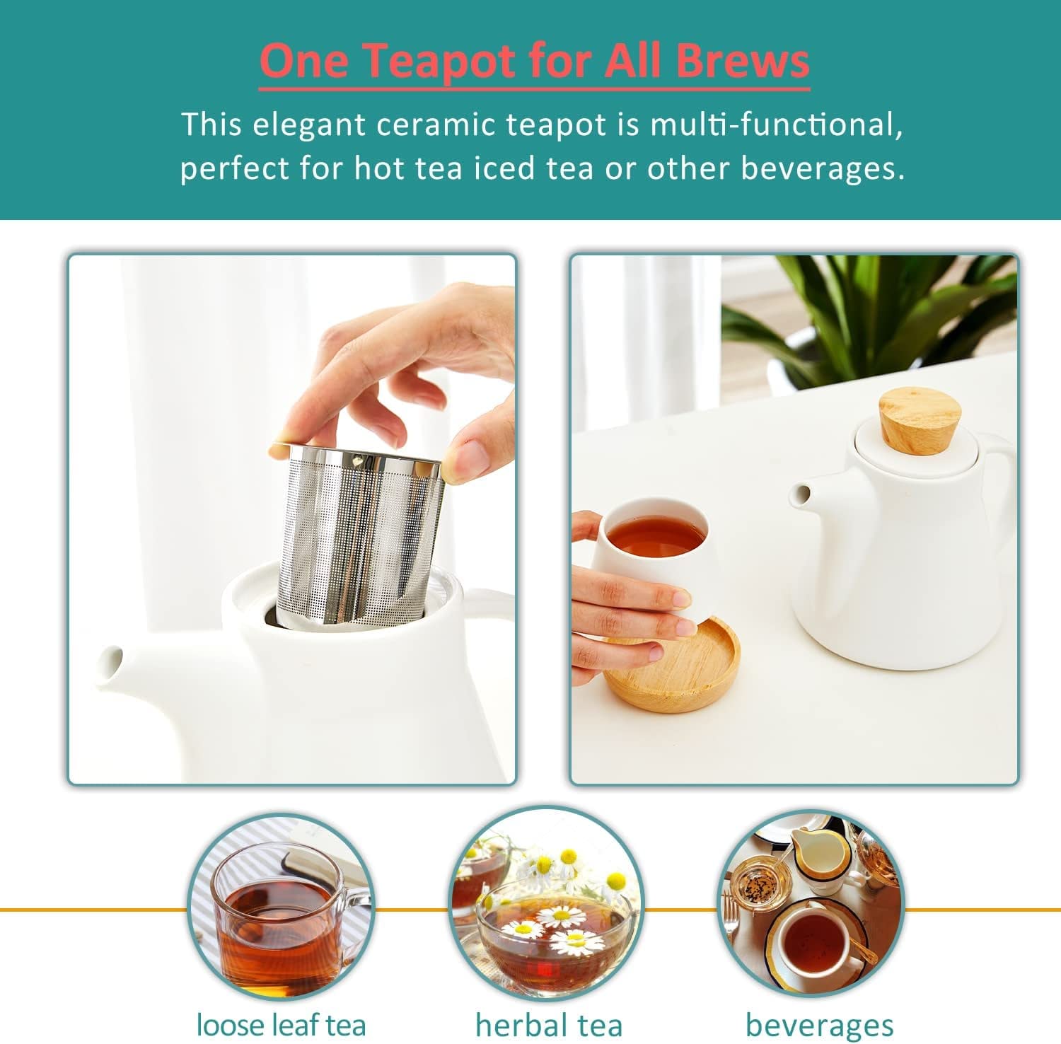 Juego de teteras de cerámica de 10 piezas, juego de té con tetera de 25 oz/750 ml, 4 tazas de 150 ml y 4 posavasos de madera, tetera de porcelana con infusor de acero inoxidable extraíble para hojas