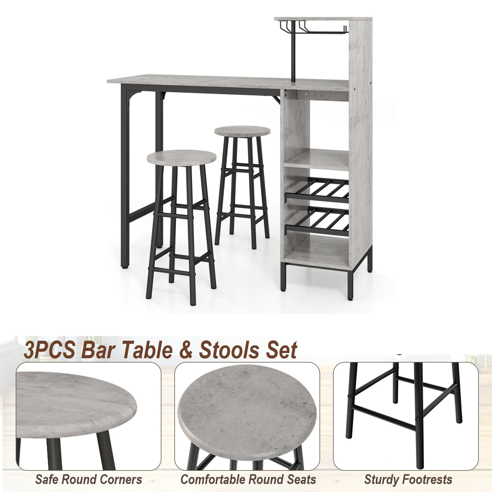 LIFEZEAL Juego de Comedor con 2 taburetes de Bar, Barra de Cocina con 2 sillas Altas, Mesa de Bar con peldaños Abiertos, botellero para Copas de Vino, para Cocina, salón y Bar (Gris)