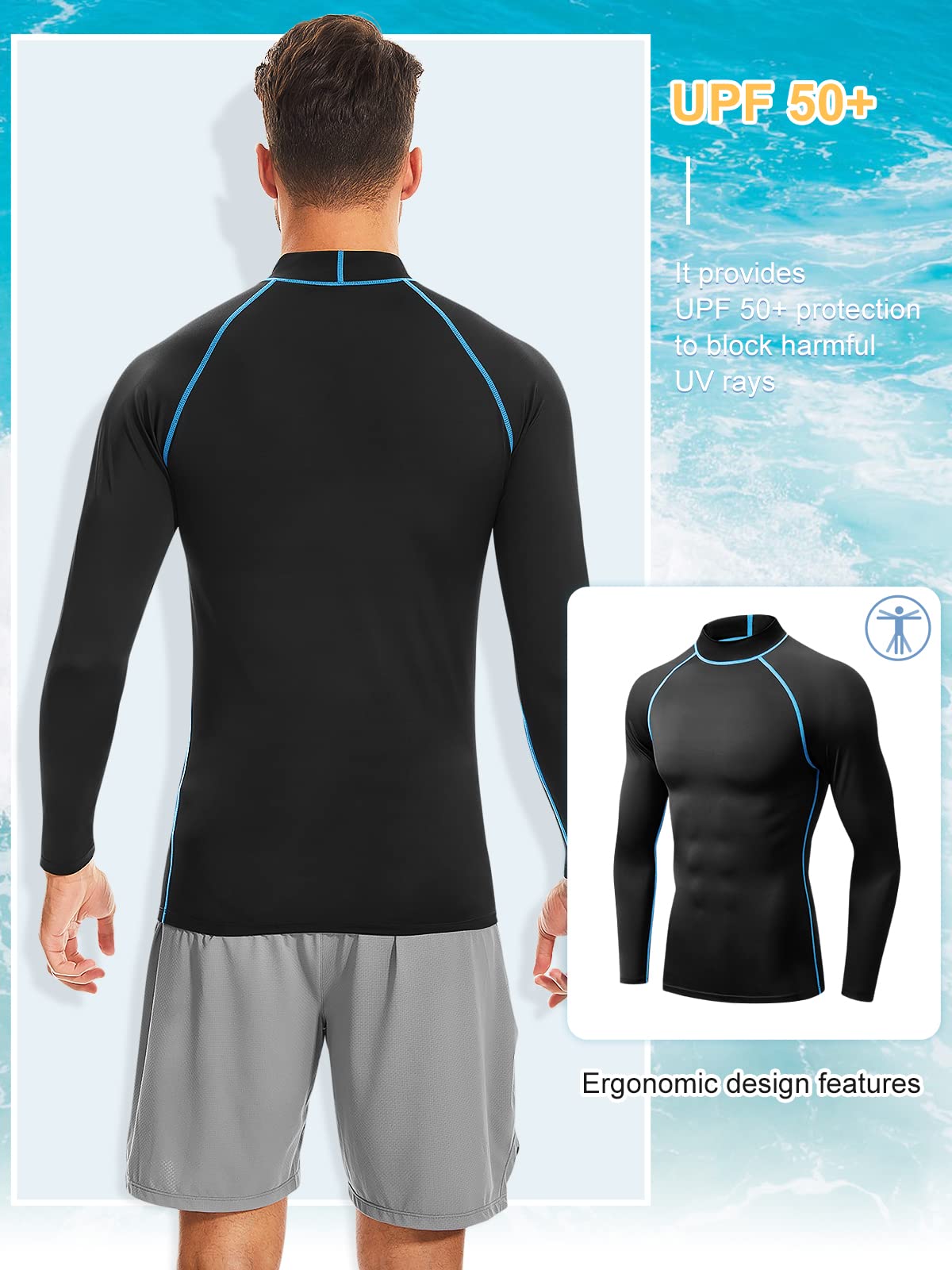 Rash Guard - Camiseta de natación de manga larga para hombre, protección solar UV UPF 50+, secado rápido, para deportes acuáticos