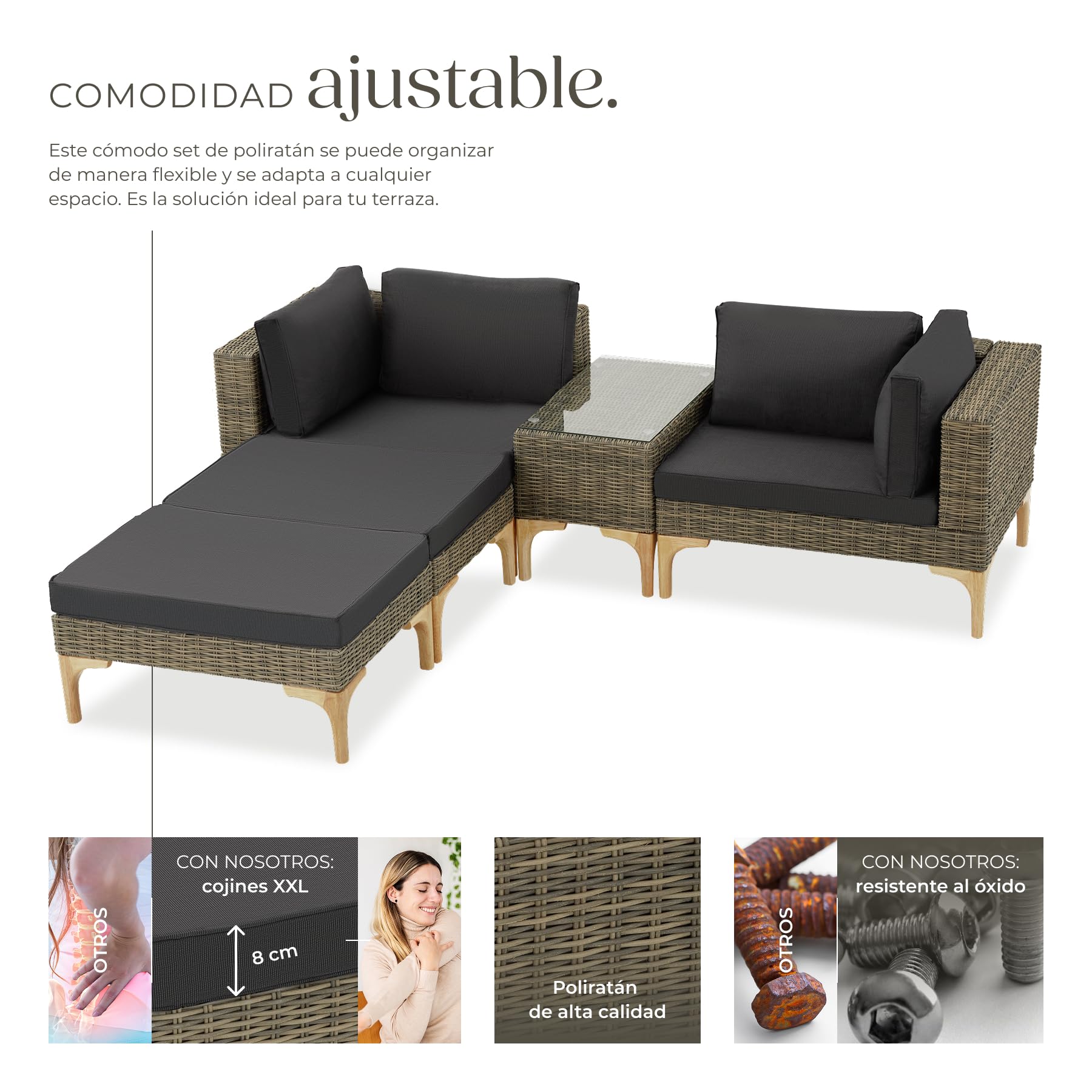 TecTake® Conjunto Jardín en Ratán y Aluminio con Cojines, Conjunto Terraza Resistente a la Intemperie, Muebles Jardín Exterior 2 Sillones, 2 Taburetes, 1 Mesa con Cristal, Fundas Extraíbles - Natural