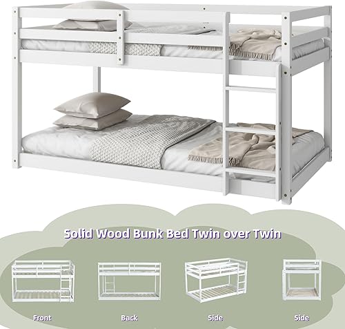 Miniatura 22 de Litera baja individual sobre individual, base de cama de madera maciza con escalera y barandillas de seguridad, literas individuales para niños y