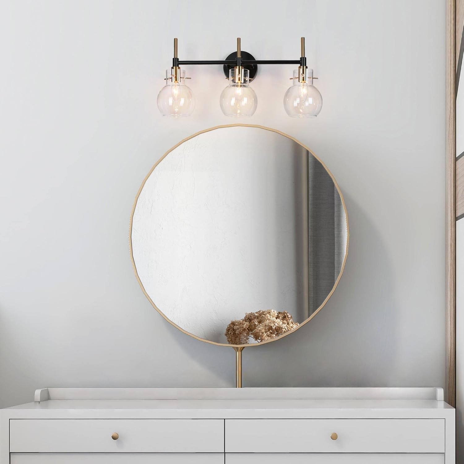 ZEVNI Bathroom Vanity Light, 3-Light Black Gold Bathroom Vanity Light Fixture, Bathroom Light Fixtures Over Mirror with Globe Clear Glass Shades, 21.5" x 6.5" x 10.5"