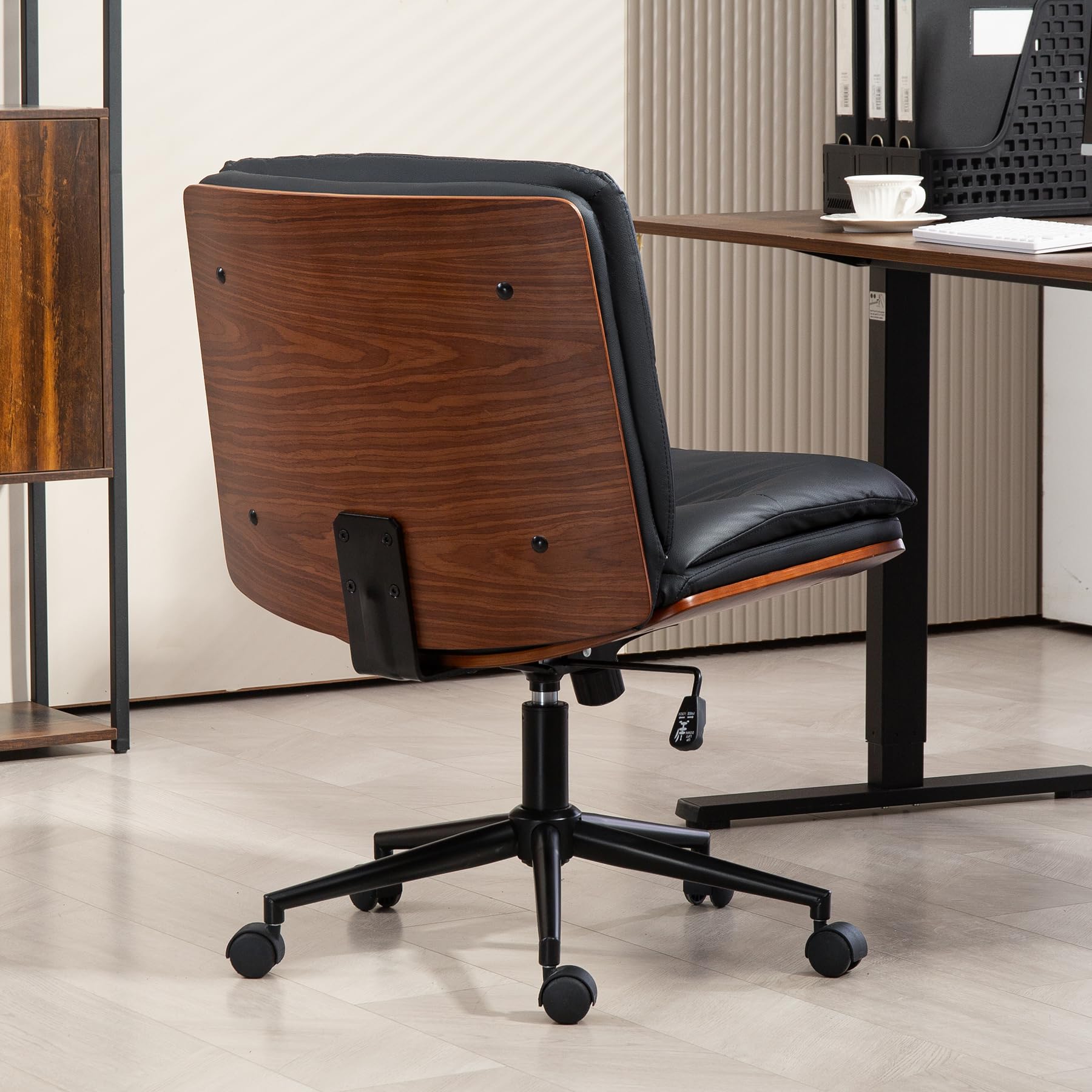 Office Chair, Criss Cross Legged Office Desk Chairs with Wheels, PU Leather Adjustable Swivel Walnut Task Chair with Wide Seat, Ergonomic Mid Back Computer Chair for Meeting Room, Home