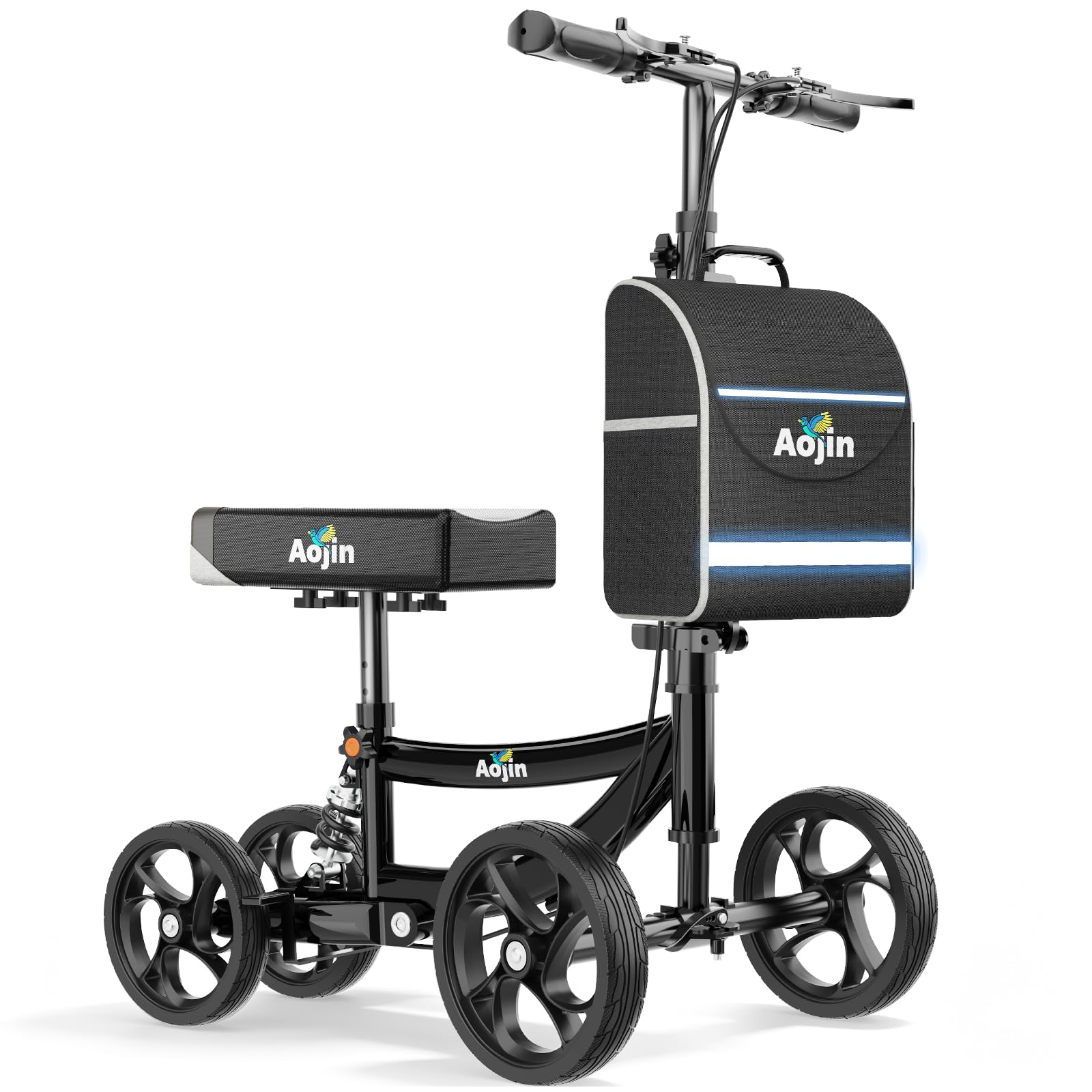 Aojin Knee Scooter for Adults for FootInjuries, 300lbs Capacity, All Terrain Foldable Knee Scooter Walker with Bag, 13' Wide Pu Seat, Compact Crutches Alternative (Black) Blacks