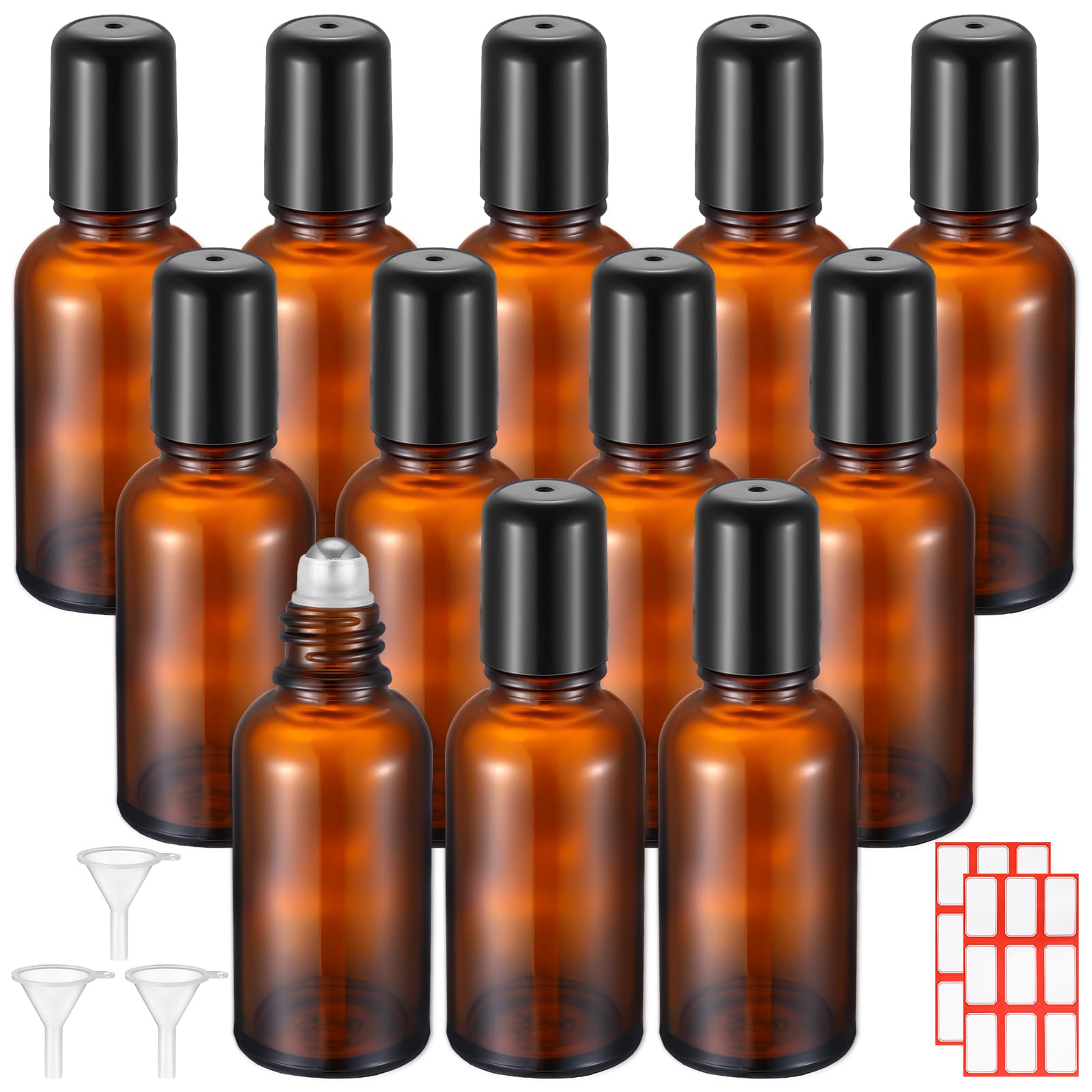 Sumind 12 Pcs 30ml Roller Glass Bottle Essential Oil with Stainless Steel Refillable Sample Container Brown Empty Roller Bottle Applicator with Funnel Sticker for Travel(Amber)
