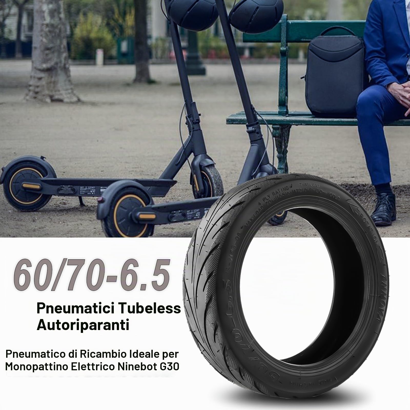 60/70-6.5 Ruota a Vuoto Autoriparabili con Valvola per Ninebot Max G30 Monopattino Elettrico, Pneumatico Tubeless con Antiforature e Antiusura, 10 Pollici Gomma di Ricambio con Antiscivolo