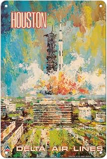 Pacifica Island Art Houston Texas - NASA Johnson Space Center - Delta Air Lines - Vintage Airline Travel Poster by Jack Laycox c.1970s - 8 x 12 inch Vintage Metal Tin Sign