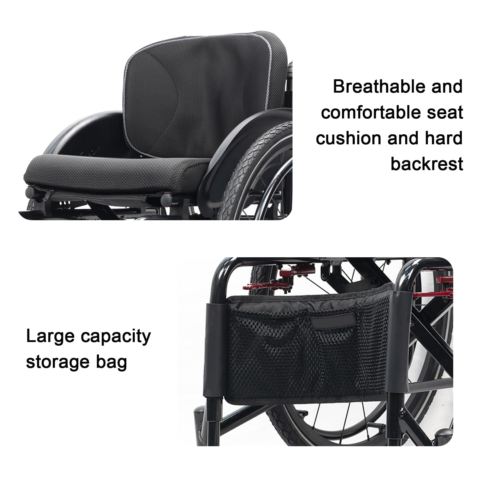 Silla de ruedas deportiva plegable ultraligera, silla de ruedas manual todo terreno con frenos de mano, aleación de aluminio autopropulsada, reposapiés ajustable y altura del asiento