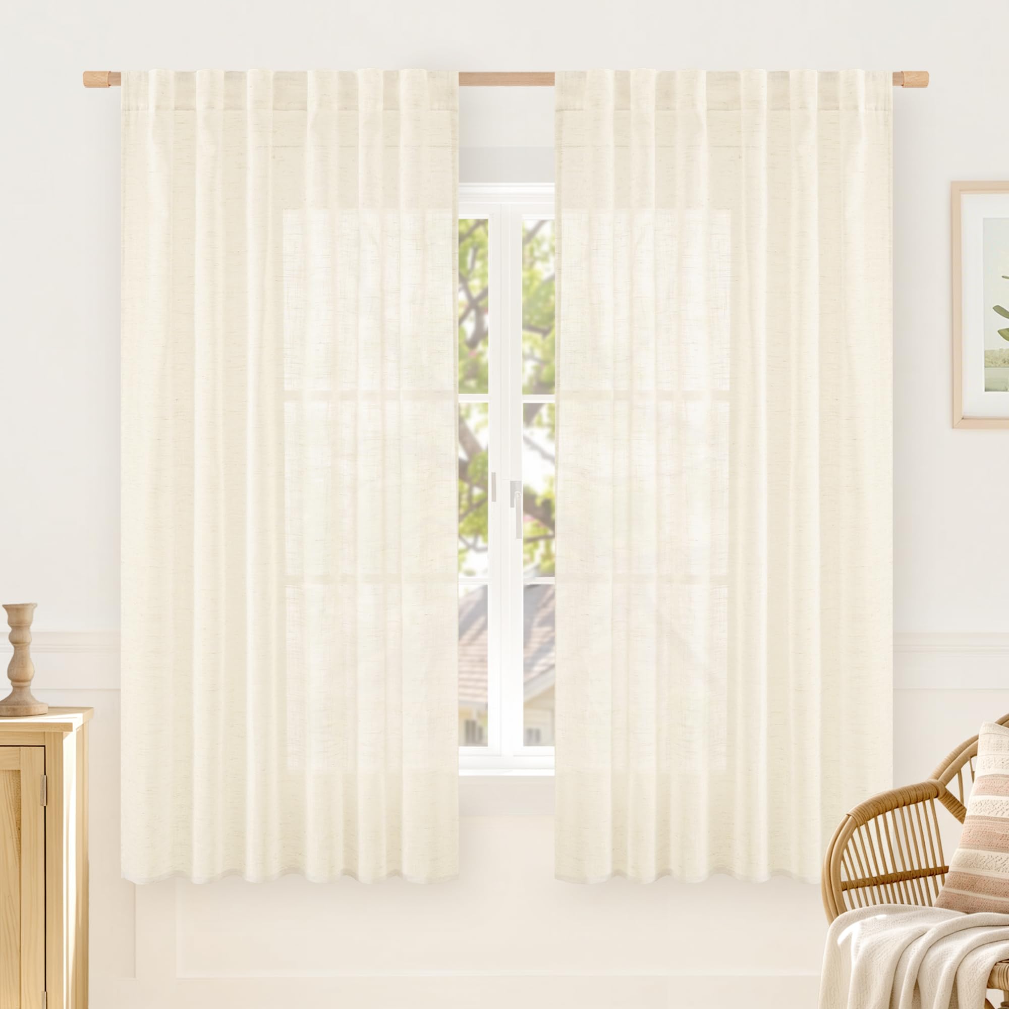 LAMIT Natural Linen Semi Sheer Curtains 84 Inches Long 2 Panels, Living Room Linen Textured Light Filtering Drapes Back Tab and Rod Pocket Neutral Window Panels for Bedroom/Sliding Door, 52 x 84 Inch — view 77