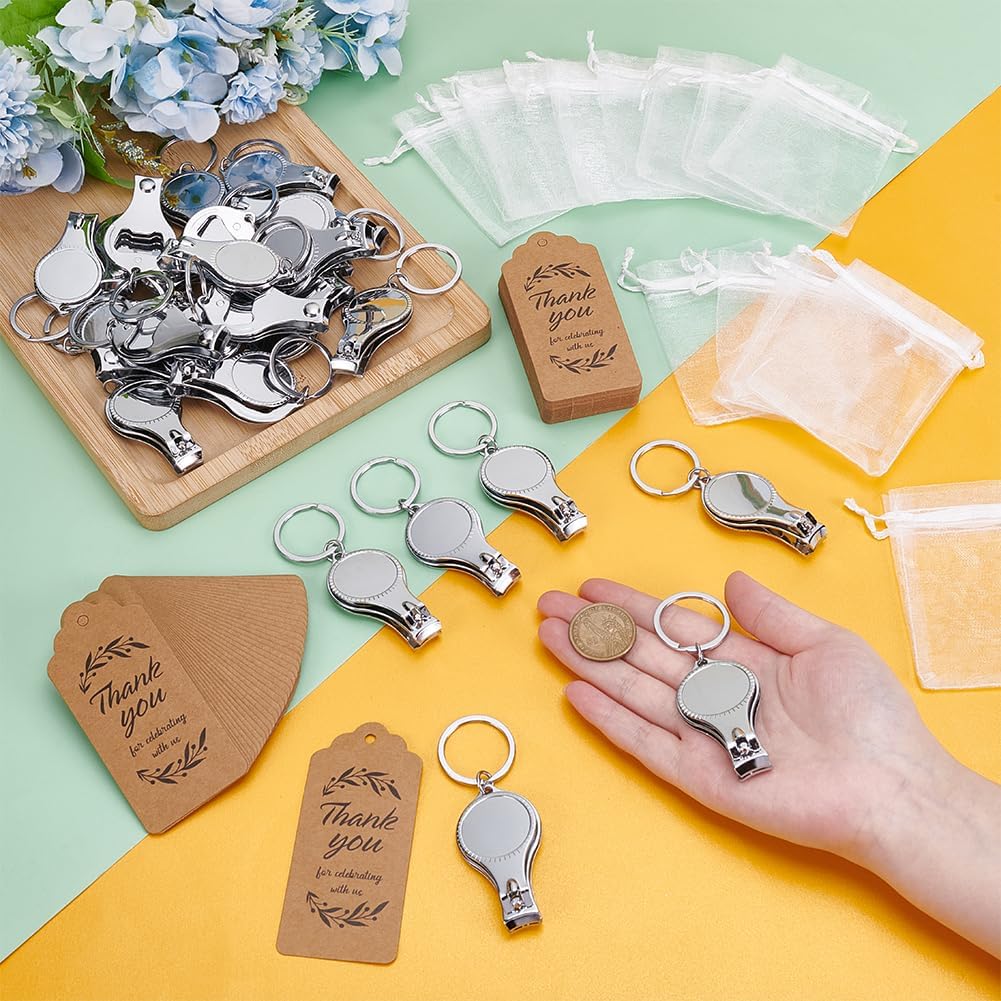 60 Set Stainless Steel Nail Clipper Keychains, 3 in 1 Nail Clippers Bottle Opener Keychain with 60Pcs Kraft Paper Gift Tags and Pearl Gauze Bags Manicure Tool for Party Favor Wedding Gift