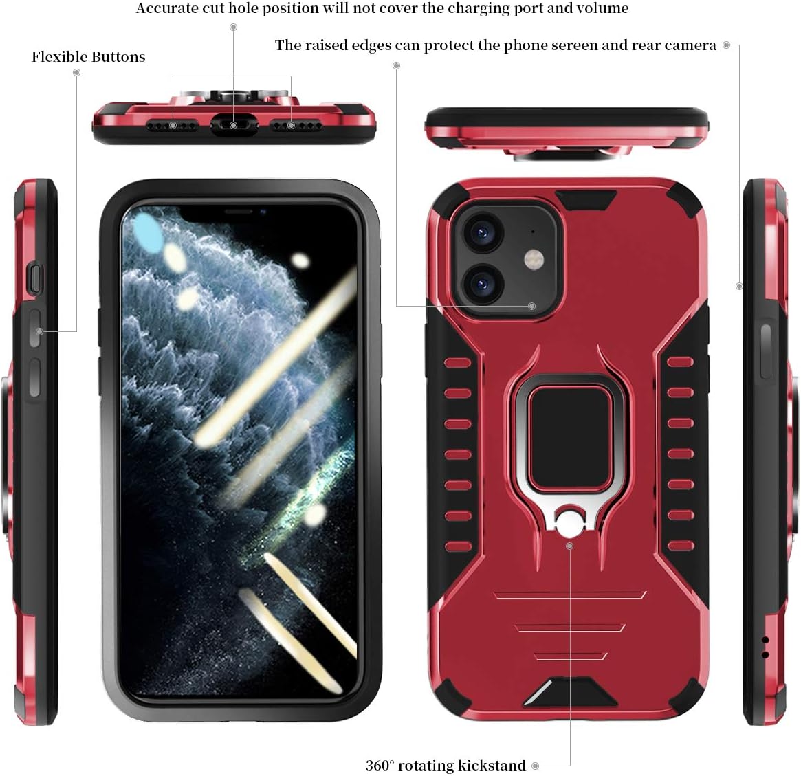 PUNYTONCY Compatible with iPhone 11 Case, Ring Kickstand Phone Protective Case Design, Drop Tested Anti-Scratch Shockproof Bumper Cover with Stand Metal Plate to Car Mount (Red-6.1 Inch)