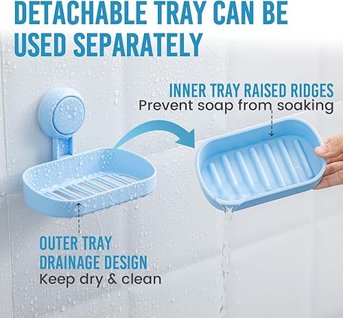 Miniatura 3 de TAILI Jabonera de doble capa, soporte de esponja fuerte para ducha, baño, bañera y fregadero de cocina, sin taladros, paquete azul extraíble