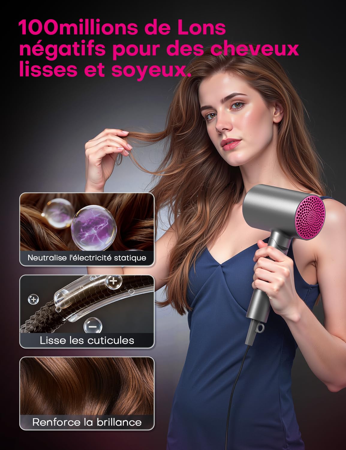 1800W Sèche-cheveux avec diffuseur pour hommes et femmes, (gris) | 2 vitesses, 3 températures, diffuseur et concentrateur pour cheveux bouclés, sèche-cheveux pro, 100 millions d’ions négatifs
