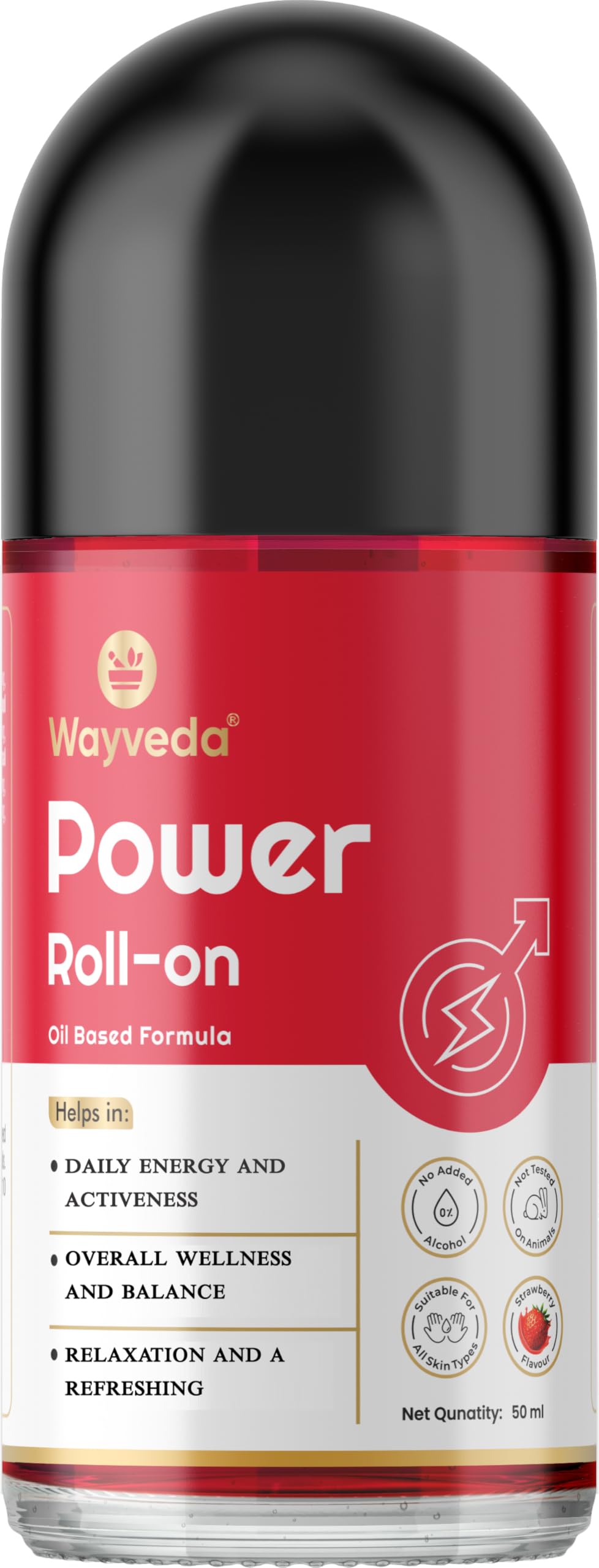 Wayveda Power Roll-On, Oil Based Formula for Daily Energy and Wellness, Strawberry Flavor, 50ml