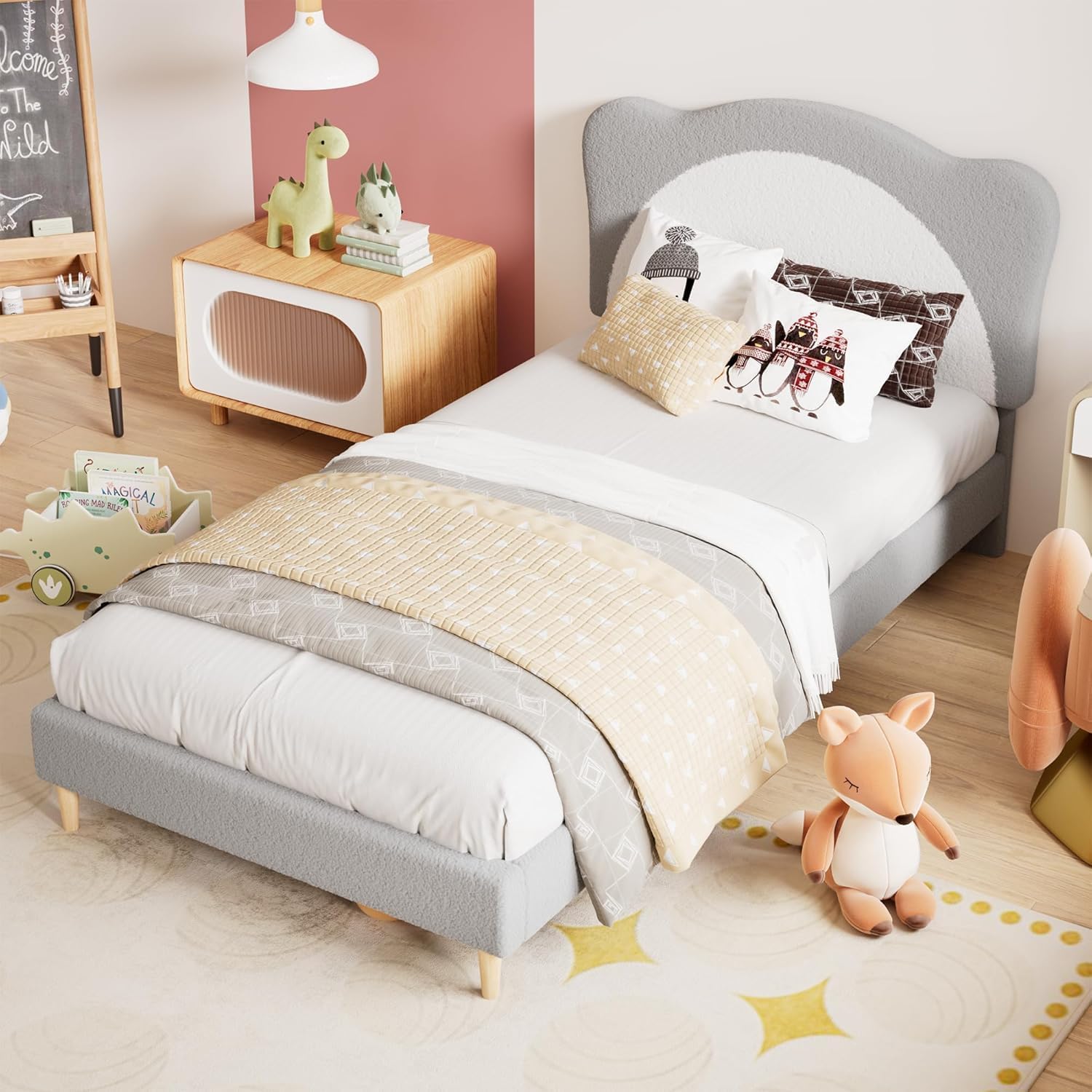 Garvee Full Upholstered Bed Frame for Kids - Cute Velvet Princess Platform Bed with Panda-Shaped Headboard for Girls/Boys, Solid Wood Slats Support, No Box Spring Needed, Gray+White