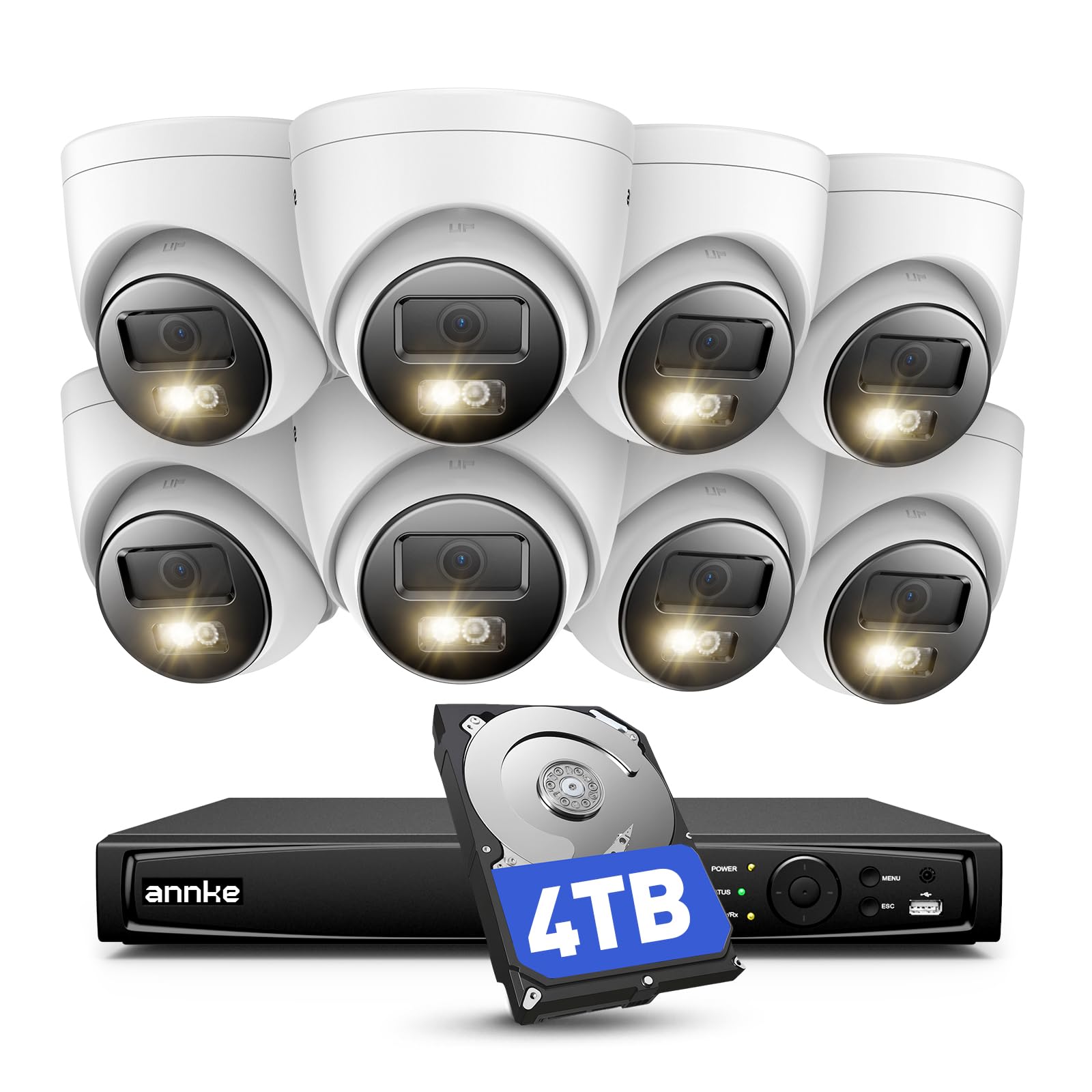 ANNKE Kit de vigilancia 16 canales 4K, 8 cámaras IP PoE 8MP, detección IA persona/vehículo, visión nocturna color 30m, HDD 4TB, IP67