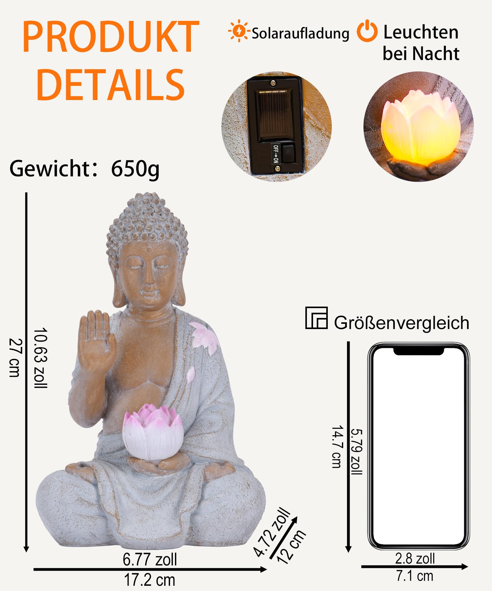 Yeomoo 27CM Buddha Figur mit Solar LED Lotus Gartendeko für Draußen