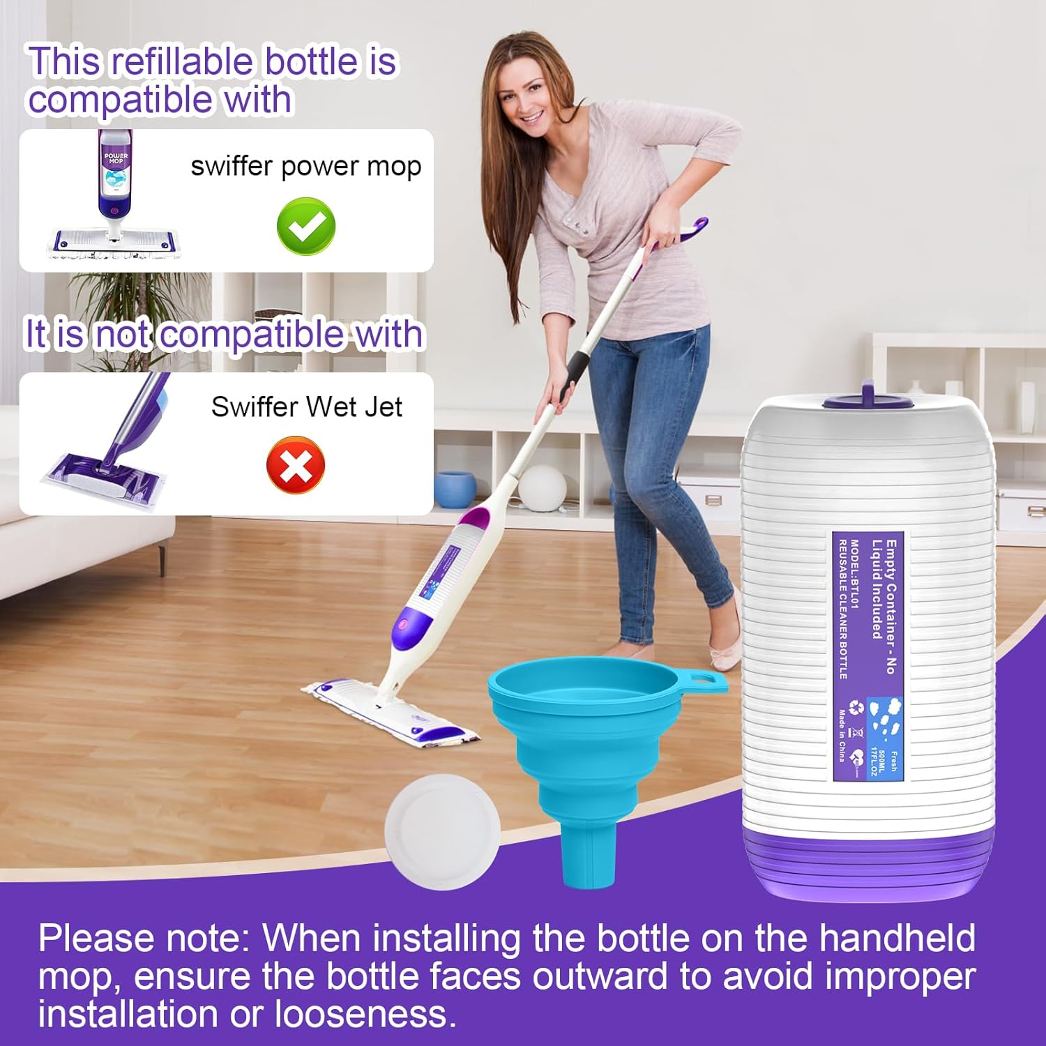 2 Pack Refillable Bottle for Swiffer Power Mop, 500ML / 17 FL.OZ Reusable Solution Container, with 5 Leak-Proof Seal & 1 Funnel,Simple Installation, Works with Any Cleaner