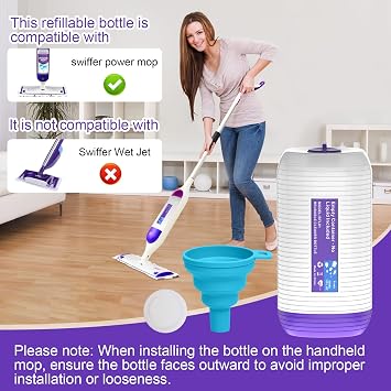 Refillable Bottle for Swiffer Power MopTM, 500ML / 17 FL.OZ Reusable Solution Container, with 6 Leak-Proof Seal & 1 Funnel,Simple Installation, Works with Any Cleaner
