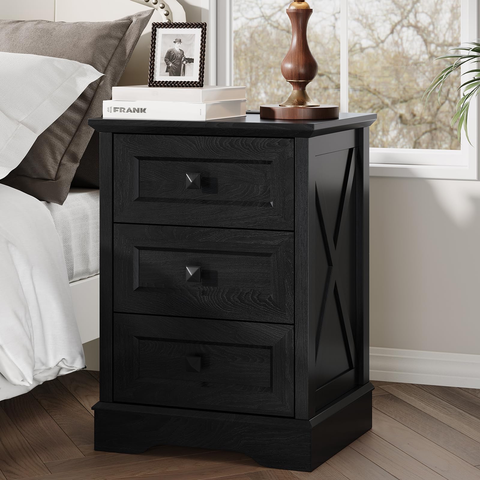 FFBCFDK Farmhouse 3 Drawers Dresser for Bedroom, Rustic Small Chest of Drawers with Charging Station, Wood Closet Organizers, Black Modern Tall