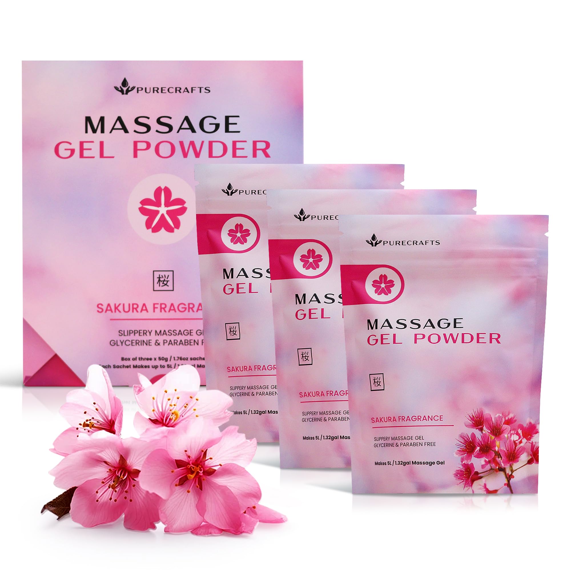 Gel da Massaggio in Polvere 50g (Confezione da 3) | Fragranza alla Sakura | Prodotto in Giappone | Gel Liscio e Scorrevole per Benessere e Relax | 50g Producono 5 Litri | Basta Aggiungere Acqua