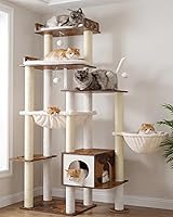 Heybly 70.5" Tall Wood Cat Tree Tower for Large Cats - Stable HCT121SR with Sisal Posts, Condo, Hammocks, Rustic Brown