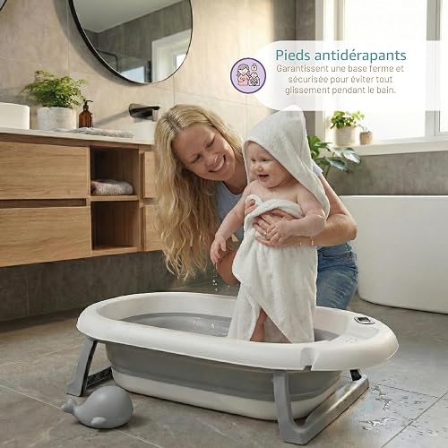 Buddy Baby - Vasca pieghevole BebéSplash con temperatura - Da 0 mesi - Cuscino riduttore rimovibile - Base antiscivolo - Tappo di scarico - Design compatto e portatile - Annaffiatoio balena - 3