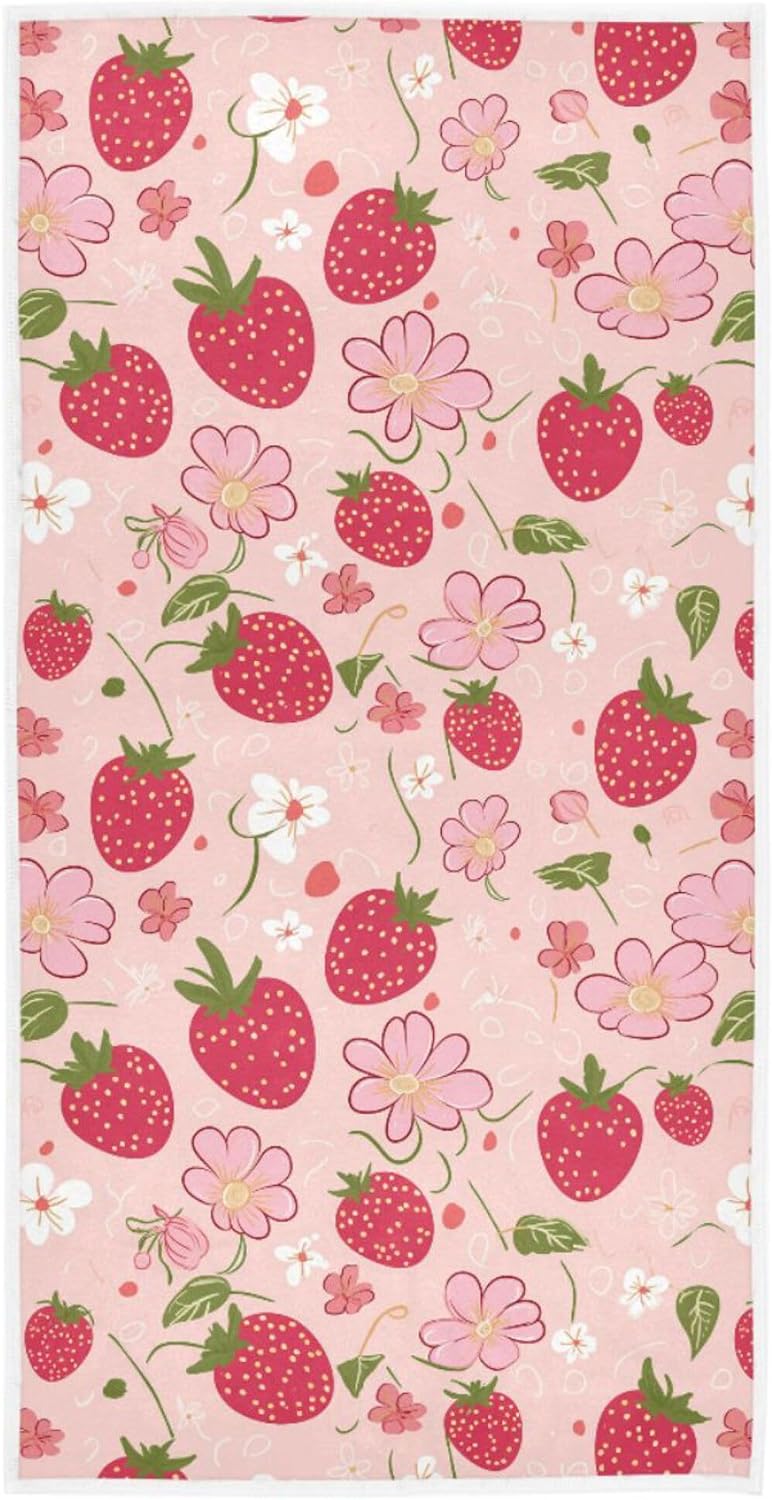 Wamika Pink Strawberry Hand Bath Towel Shower Towels Set Fruits Flowers Kitchen Hanging Gym Fingertip Bathroom Towel Highly Absorbent 2pcs