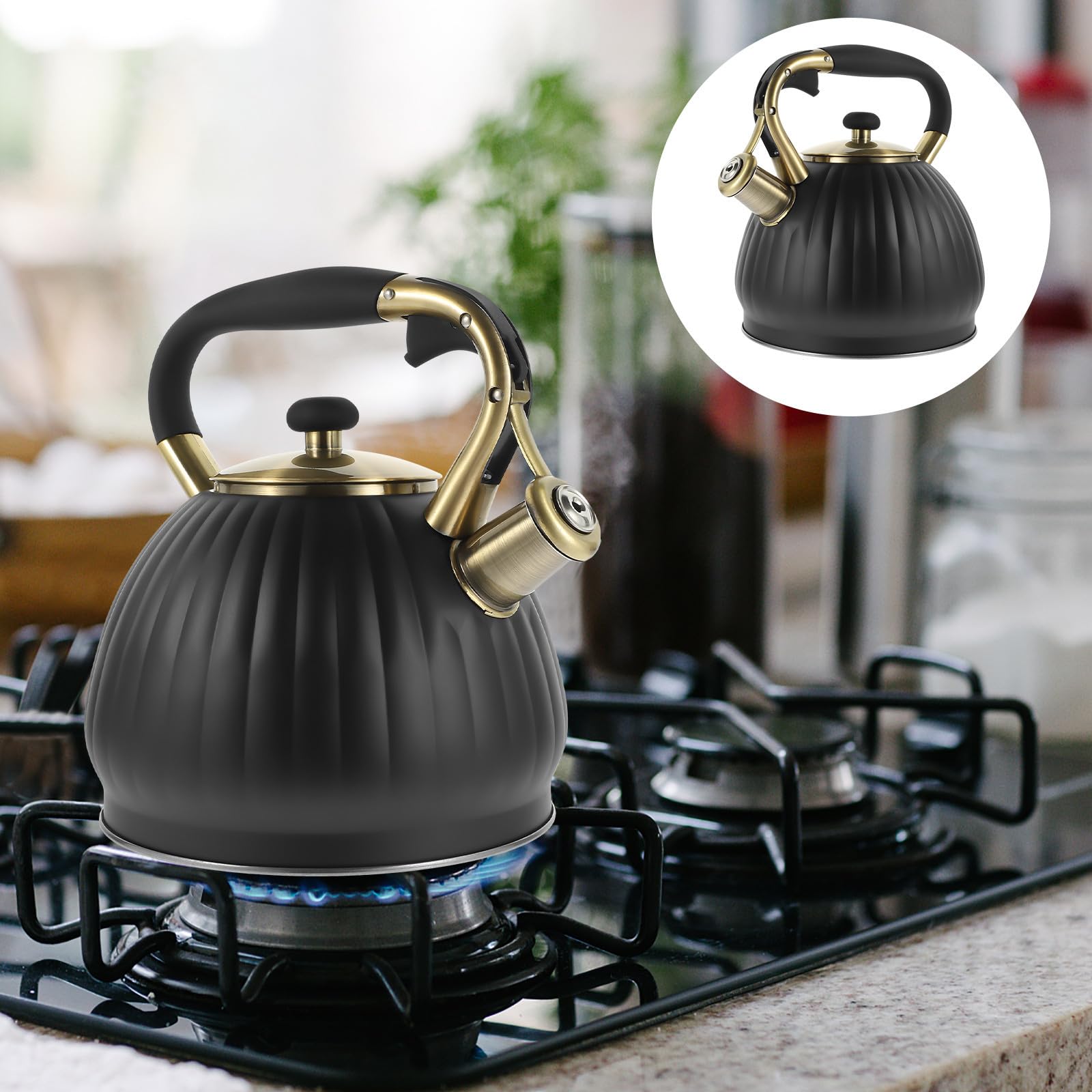 Holibanna Bollitore per Acqua da 3,5l in Acciaio Inossidabile Nero Manico Ergonomico e Dispositivo Automatico a Fischio per Ebollizione Rapida in Cucina Colore Casuale