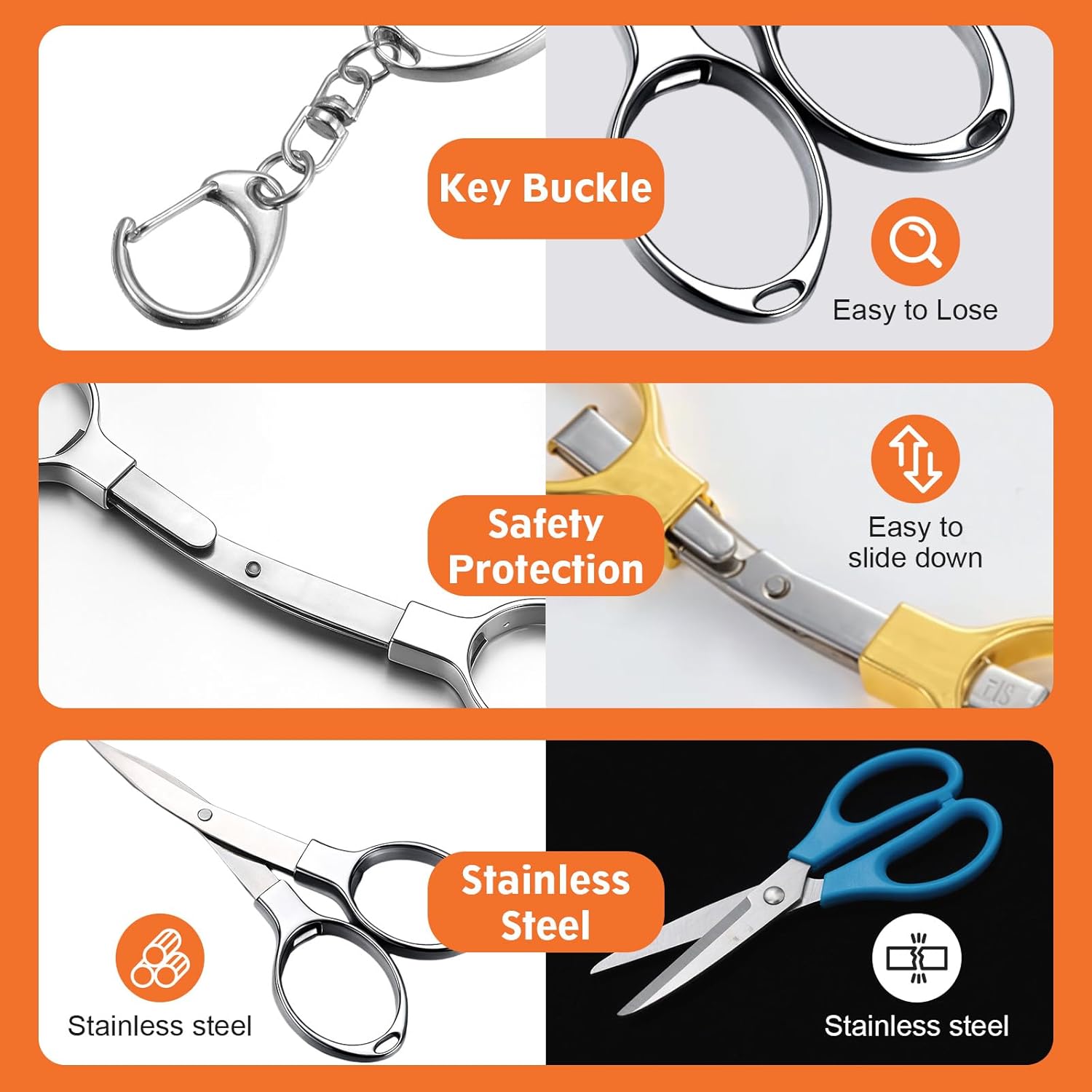 3 Pcs Folding Stainless Steel Portable Mini Scissors with Keychains Travel Scissor Pocket Badge Nursing Scissors Anti Rust Scissor for Nurse Accessories Travel Office Craft Sewing