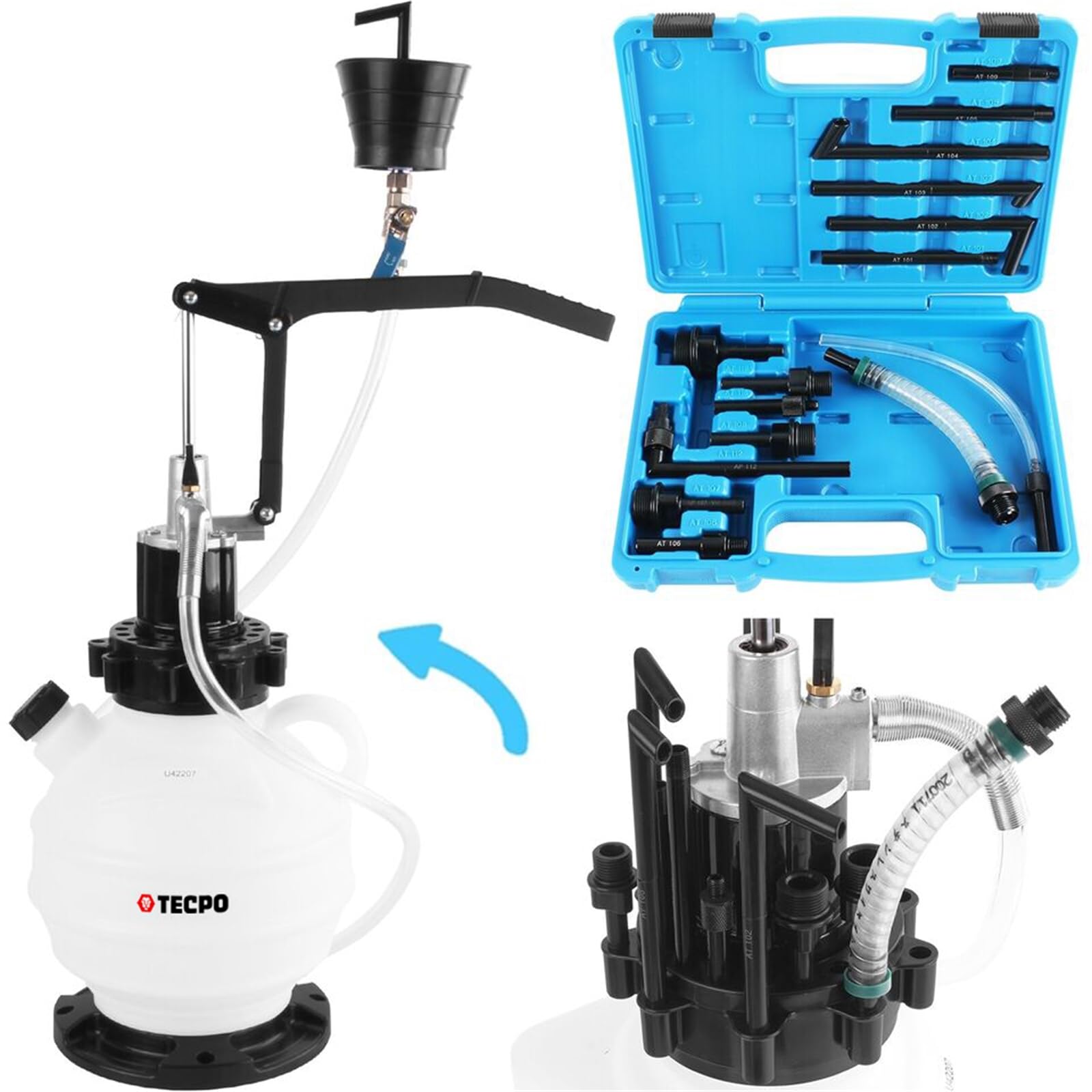 TECPO Getriebeöl-Einfüllgerät, Öleinfüllgerät, Befüllsystem 7.5 L, 15 Adapter, für Getriebe, Differentiale & Verteilergetriebe - Rücklauf-Funktion, 160 cm Schlauch, passend für alle gängigen Fahrzeuge