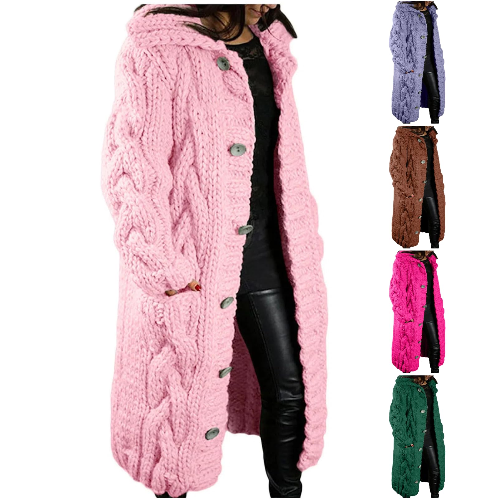 Long Cardigan Sweaters for Women Fall Winter Chunky Knitted Open Front Cable Button Down Lapel Outerwear with Pocket