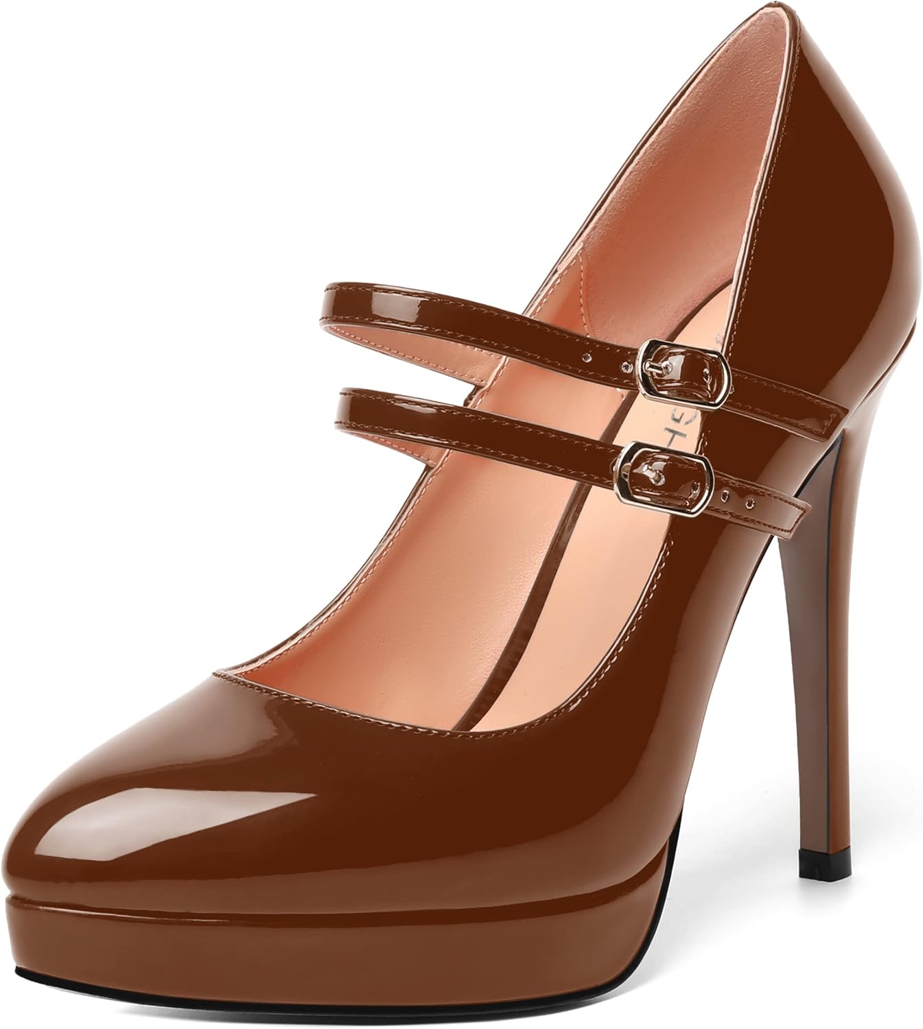 AMBELIGHT Womens Platform Pointed Toe Solid Buckle Party Patent Ankle Strap Dress Stiletto High Heel Pumps Shoes 4.7 Inch