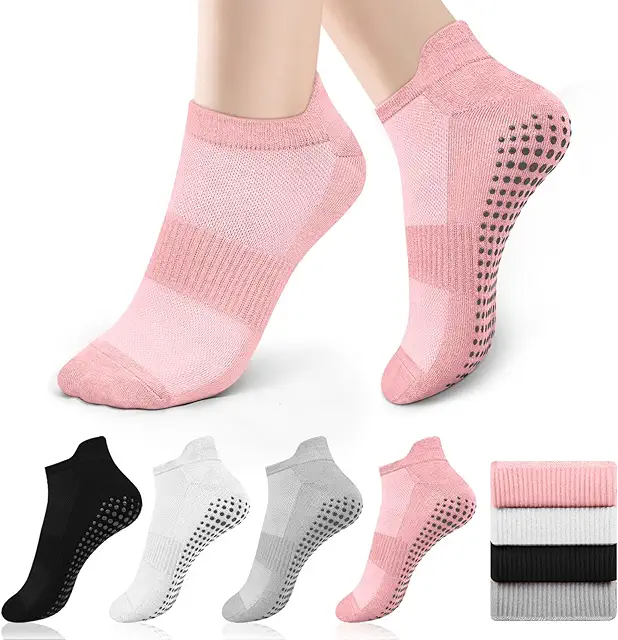 4 Paar Anti-Rutsch Pilates Socken Damen 36-41, Yoga Socken für Fitness