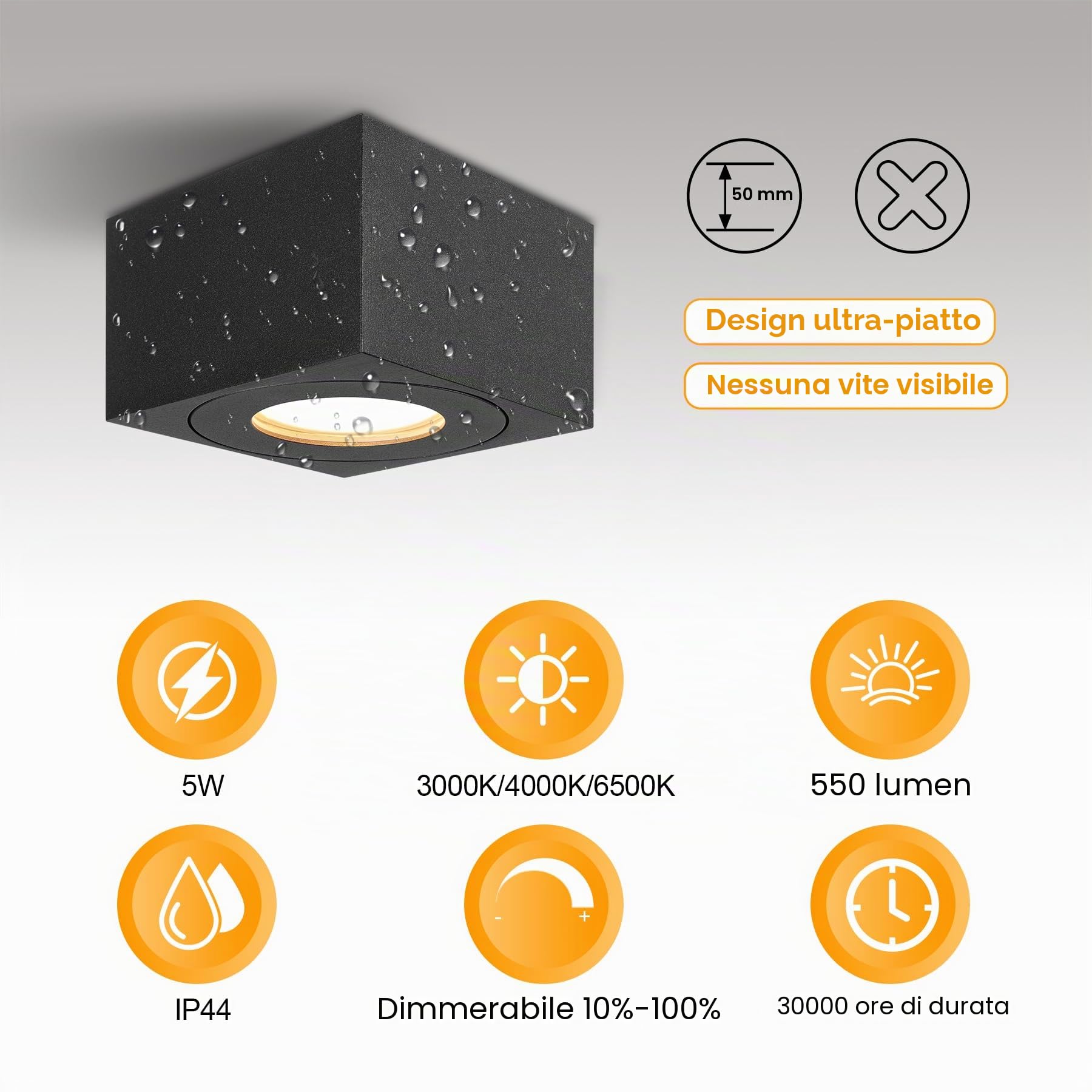Faretto LED da Superficie IP44 Nero, Faretti da Soffitto quadrato Ø80x50mm con modulo LED 5W 550LM, 3CCT 3000K/4000K/6500K Faretti da Bagno 230V, Faretto Dimmerabile Extra Piatto, Alluminio, 2pcs