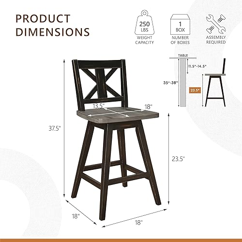 Miniatura 3 de Homelegance Juego de 2 taburetes de altura de mostrador - Marco de madera maciza, taburetes de madera giratorios de 360, reposapiés, respaldo en X,