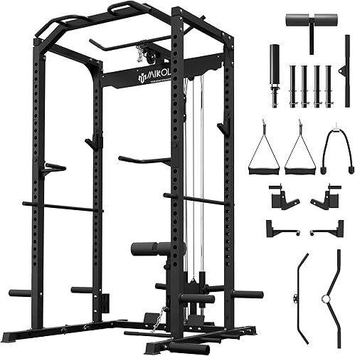 Mikolo Power Cage, Power Rack with LAT Pulldown, 1200 Pounds Capacity Workout Cage with More Training Attachments, Squat Rack for Home Gym, F4
