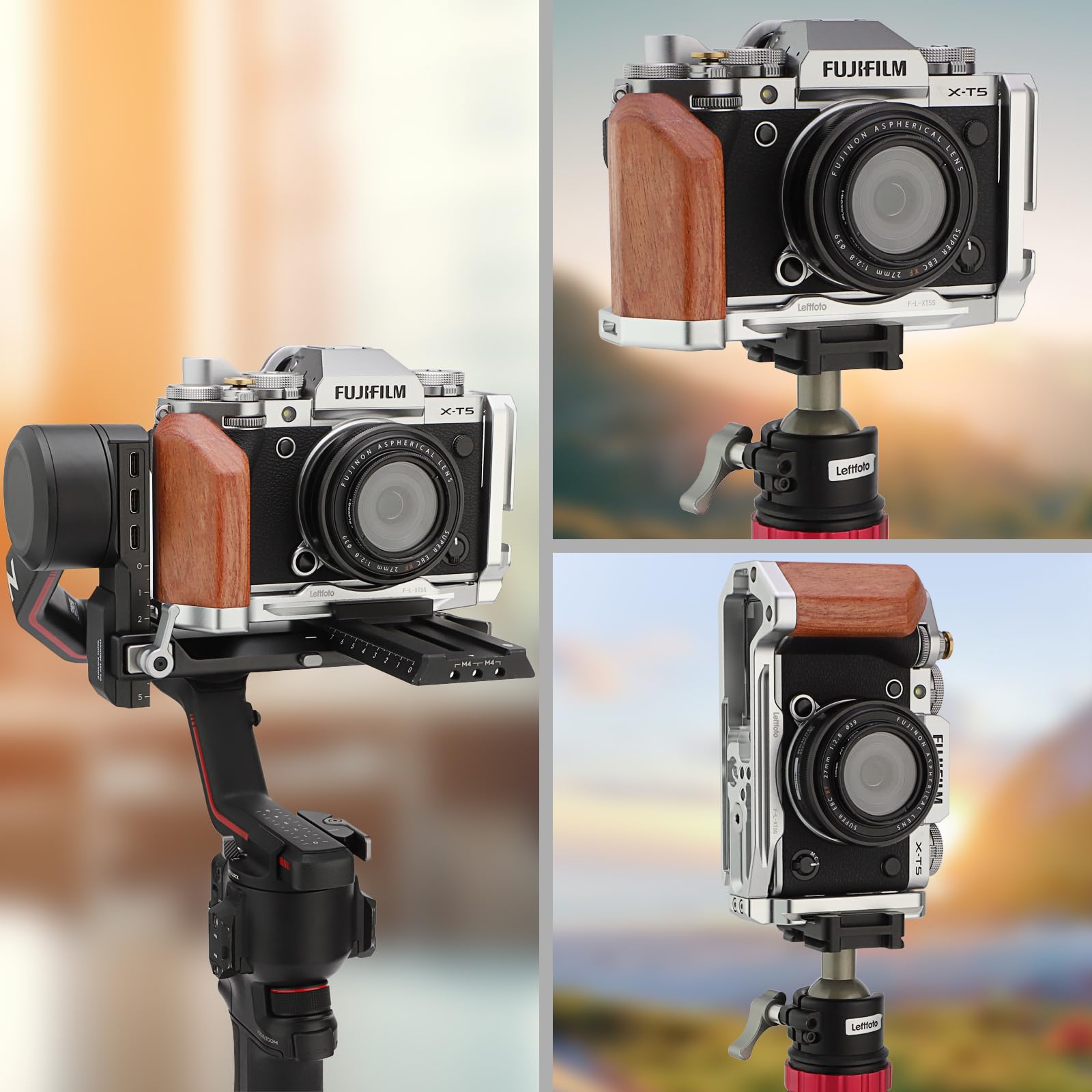 Leftfoto XT5 Maniglia a forma di L con impugnatura in legno per fotocamera Fuj XT5, con piastra a sgancio rapido Arca inferiore integrata, con pulsante di scatto in rame..