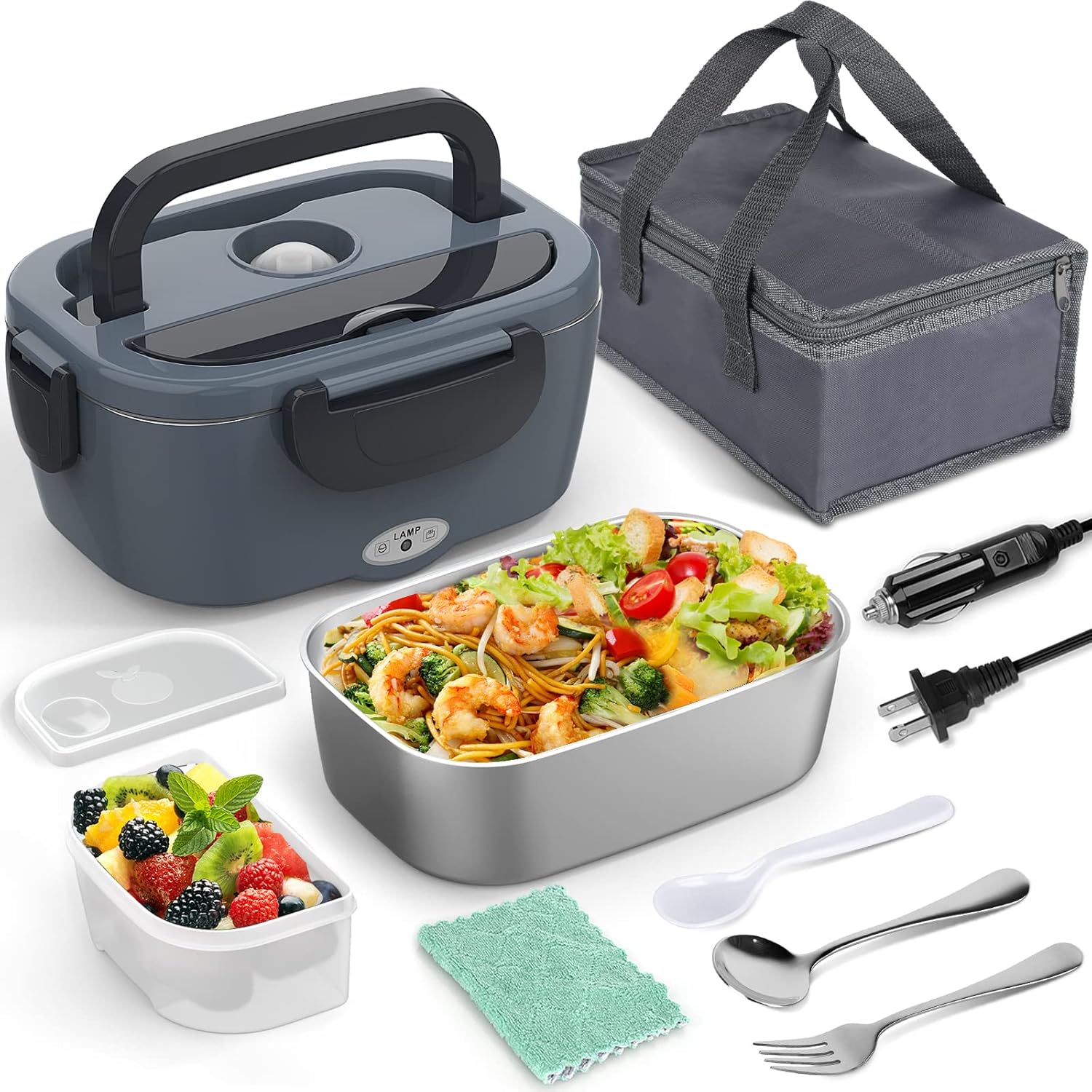 2 Sets of Electric Lunch Boxes, Heated Lunch Box for Adults, 12V 24V 110V Portable Food Warmer LunchBox for Car Truck Work with Removable 304 Stainless Steel Container, Carry Bag