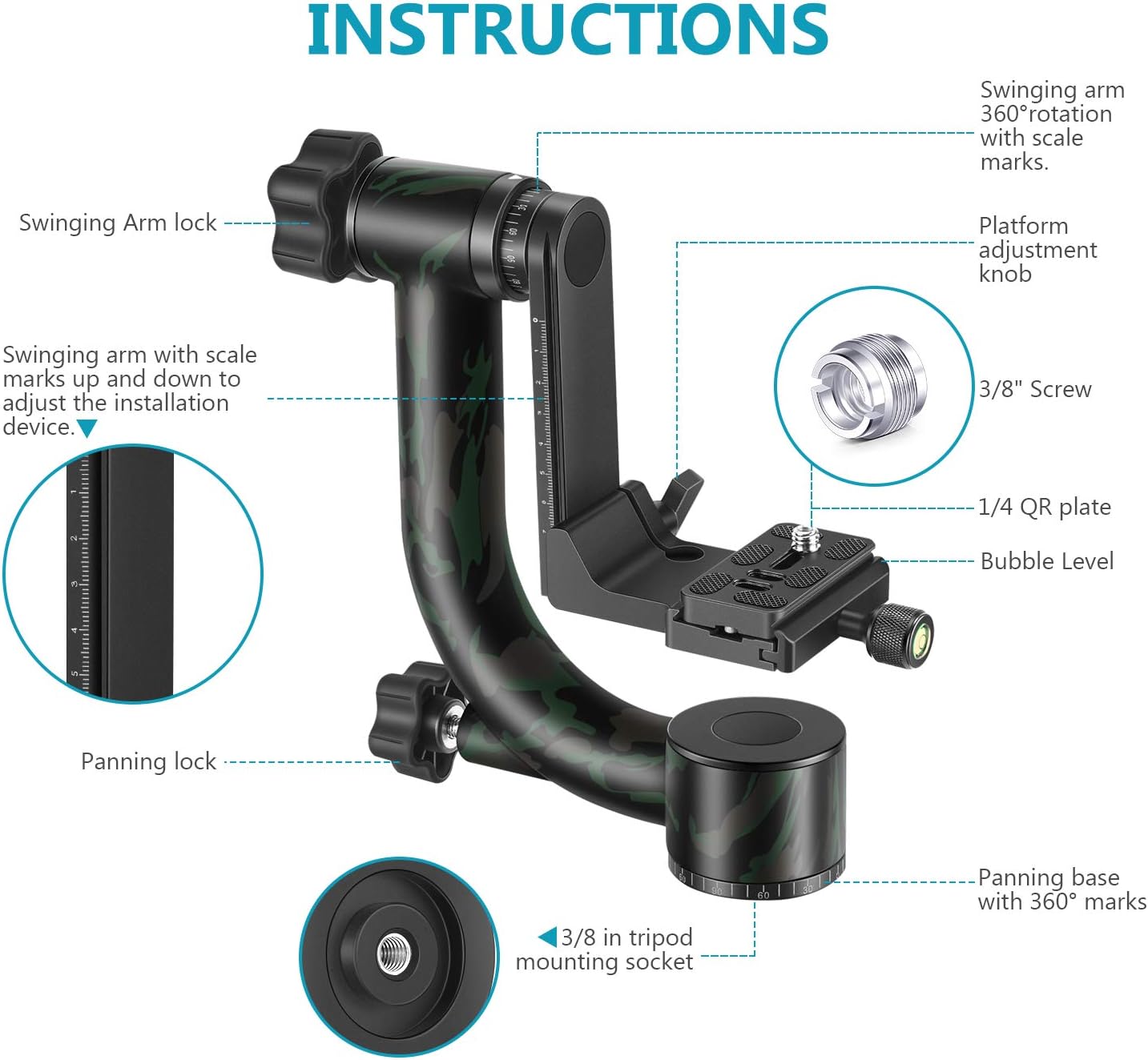 ❤ Crаzу Dеаlѕ Neewer Professional Gimbal Head Tripod Head Carbon Fiber Heavy Duty 360 Degree Panoramic with Arca-Swiss Standard 1/4 inch QR Plate for DSLR Cameras up to 30pounds/13.6kilogram - Camouflage