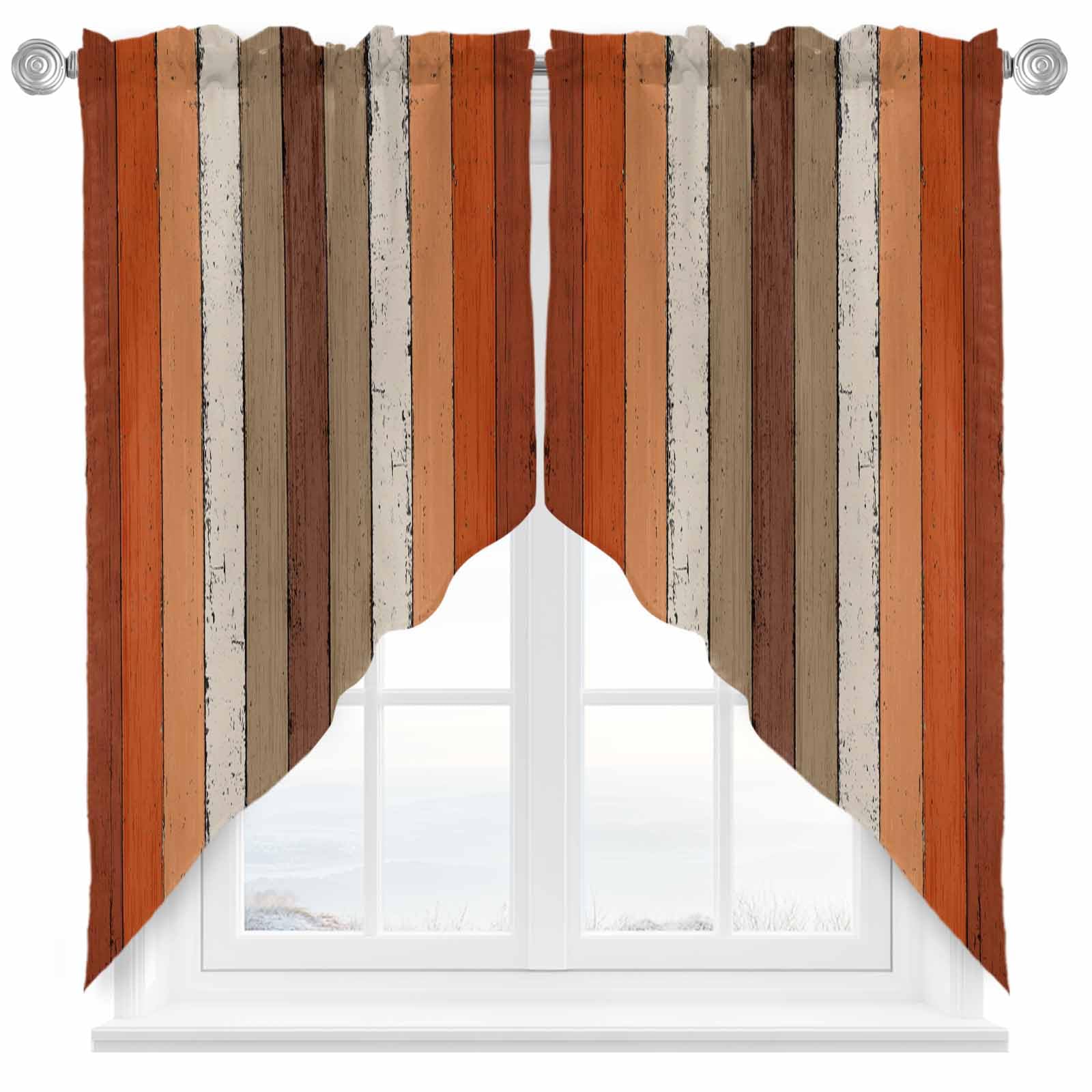Orange Brown Stripes Swag Curtains for Living Room/Kitchen/Bedroom/Bathroom, Farmhouse Country Retro Rustic Wood Swag Valance Curtains Short Half
