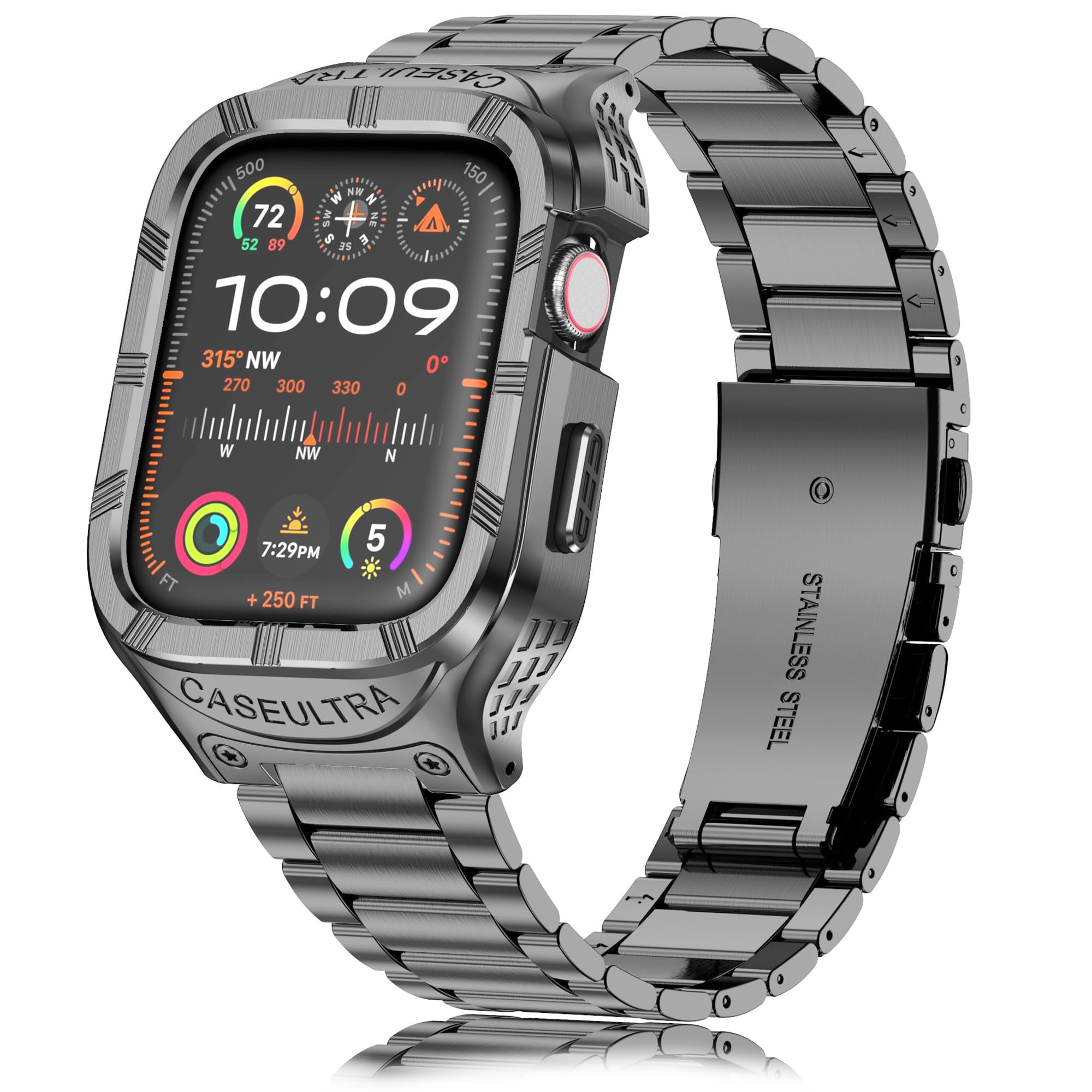 Coque et bracelet en acier inoxydable pour Apple Watch de 45 mm, coque robuste pour Apple Watch avec bracelet iWatch en métal pour homme, séries 9, 8, 7, gris